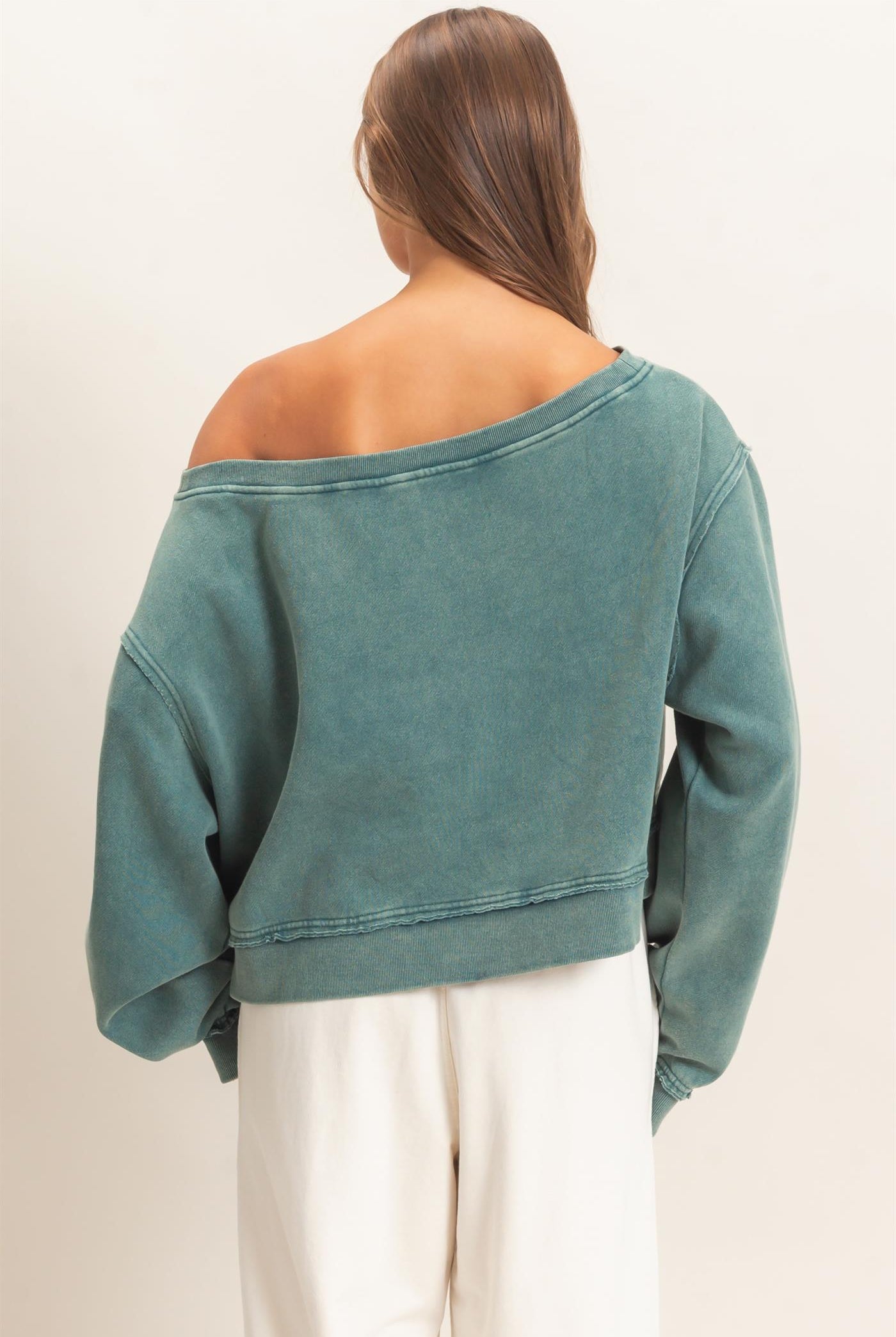 Wholesale Raw Edge Acid Wash Off The Shoulder Sweatshirt Sweatshirts DZ26F013 DARK TEAL DOUBLE ZERO