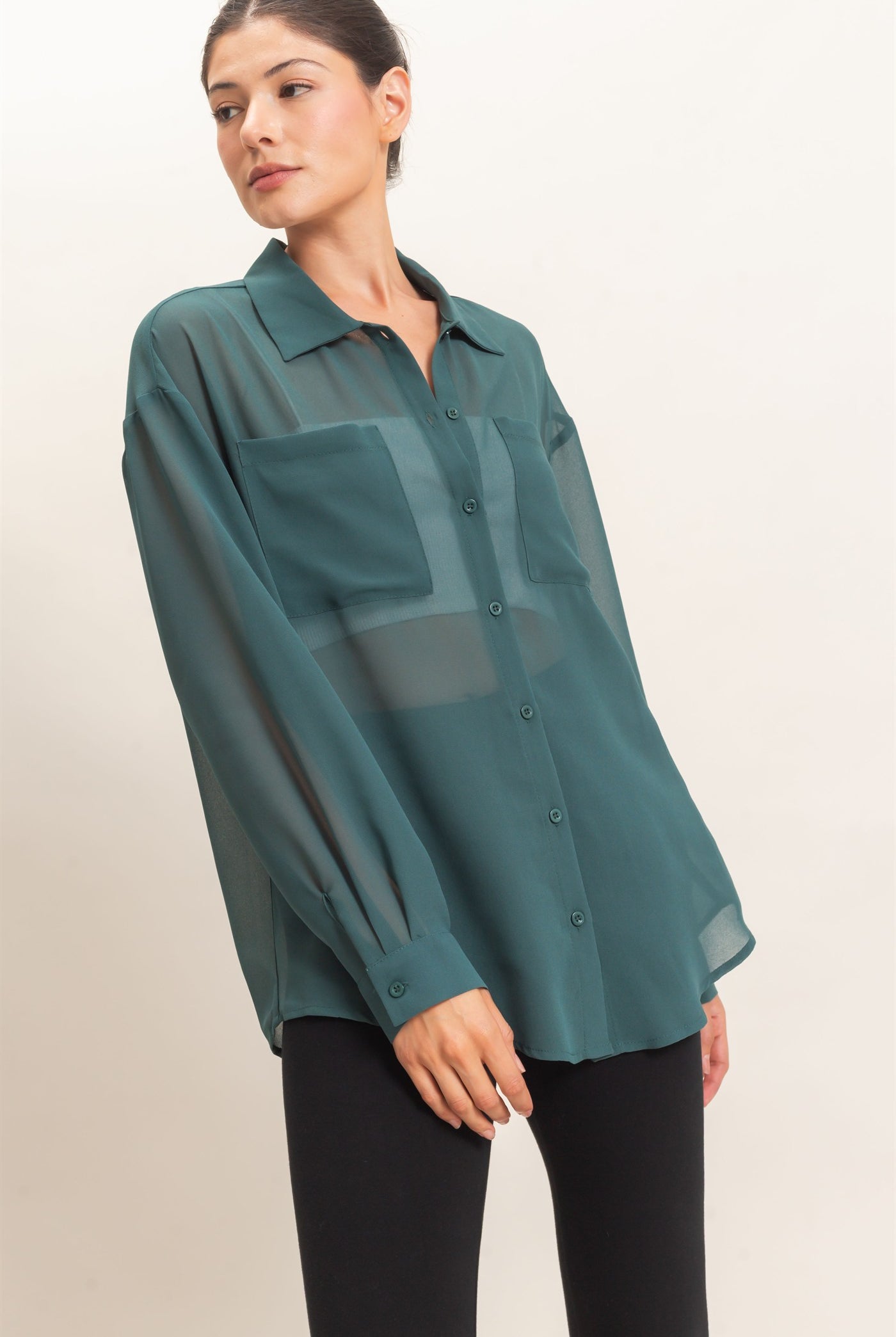 Wholesale Button-Down Collar Blouse Shirts HF26F067 TEAL GREEN HYFVE