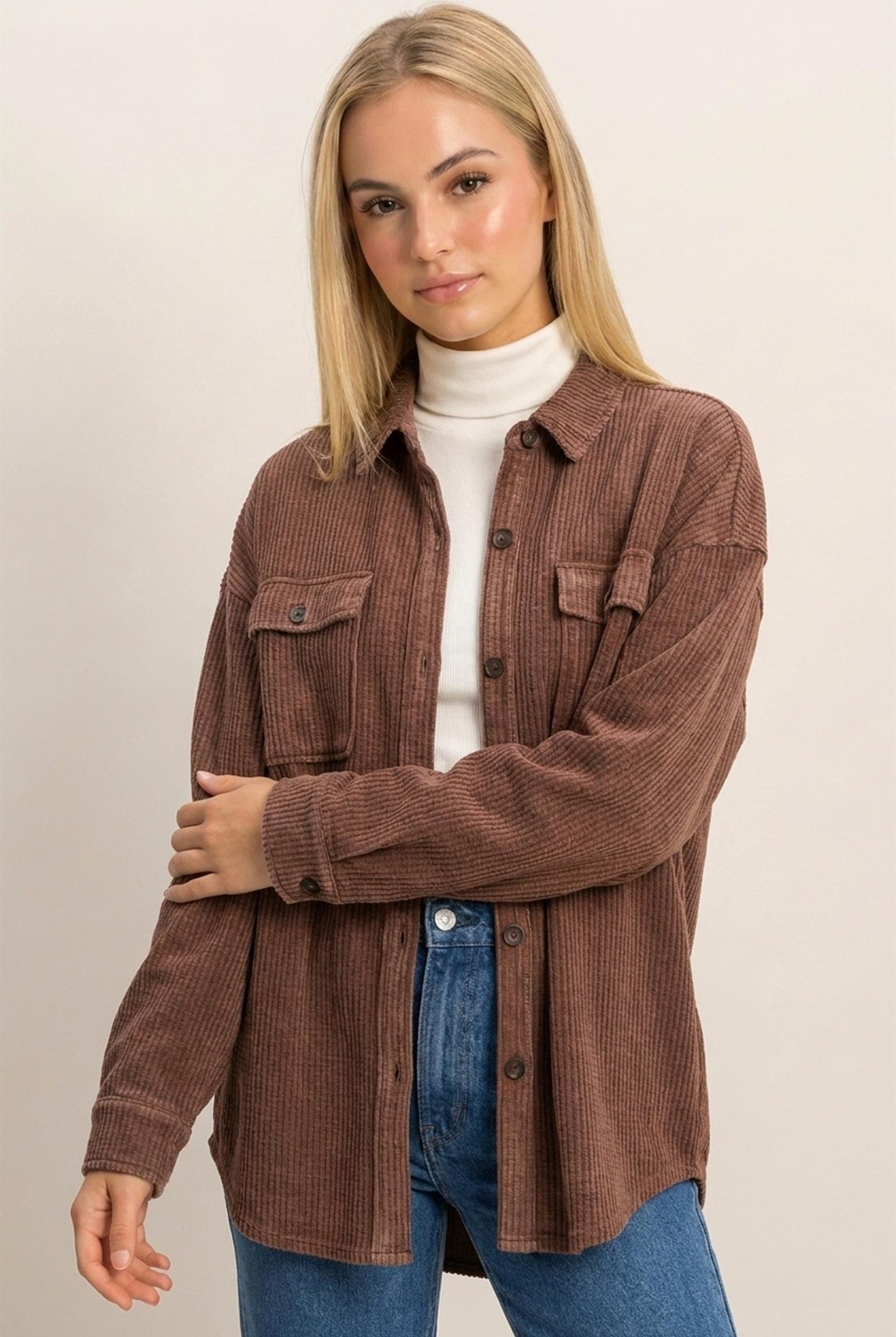 Wholesale Mineral Wash Waffle Knit Button-Up Shacket Coats & Jackets DZ26E249 DARK BROWN DOUBLE ZERO