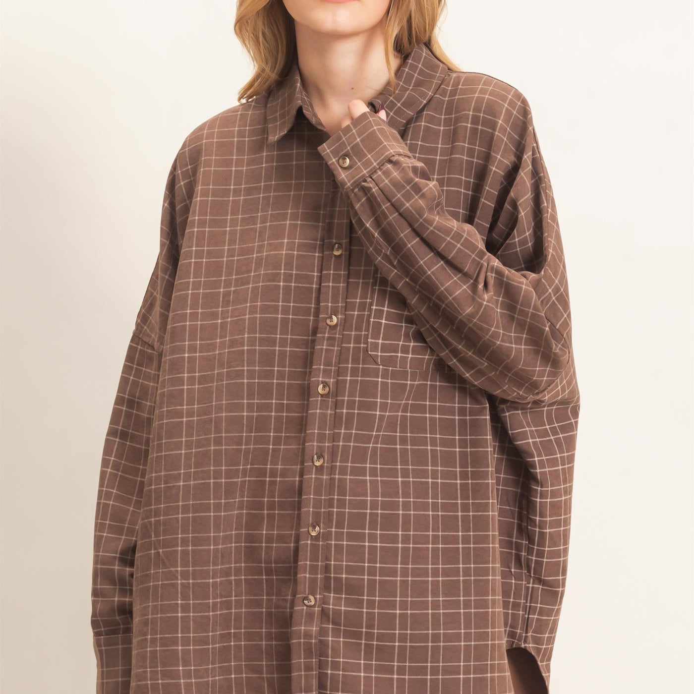Wholesale Plaid Button-Up Shirt Shirts HF26E734 BROWN HYFVE