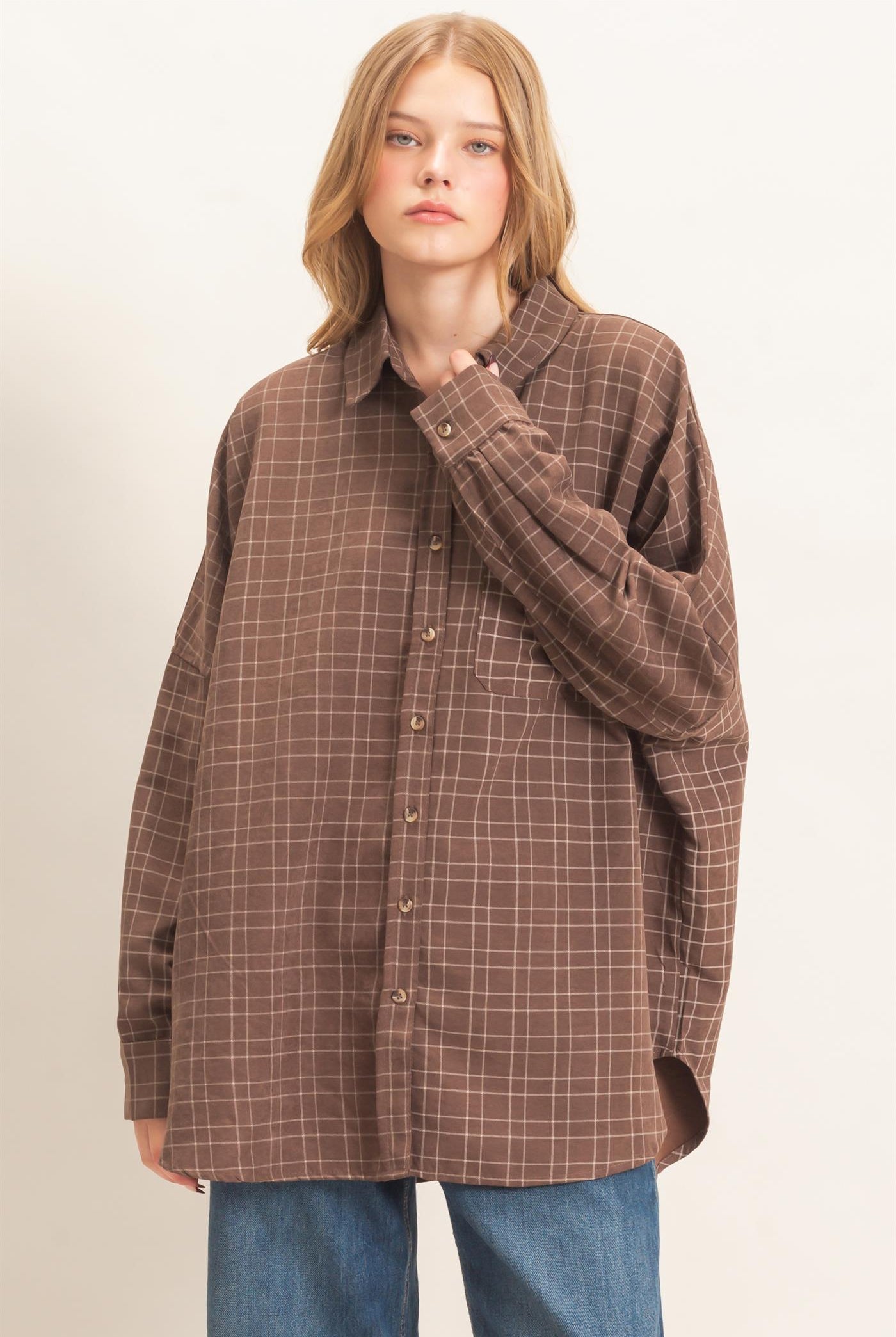 Wholesale Plaid Button-Up Shirt Shirts HF26E734 BROWN HYFVE