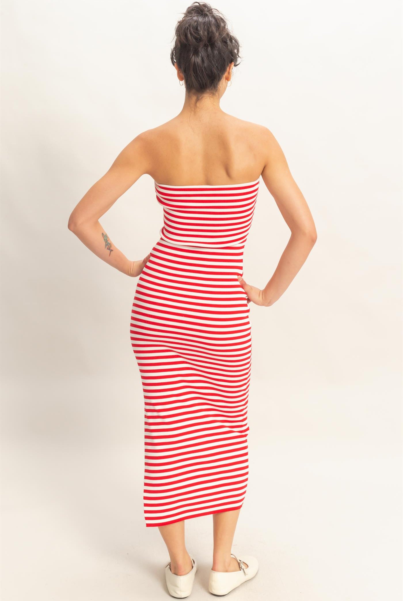 Wholesale Strapless Striped Bodycon Midi Dress Dresses DZ26C336 RED DOUBLE ZERO