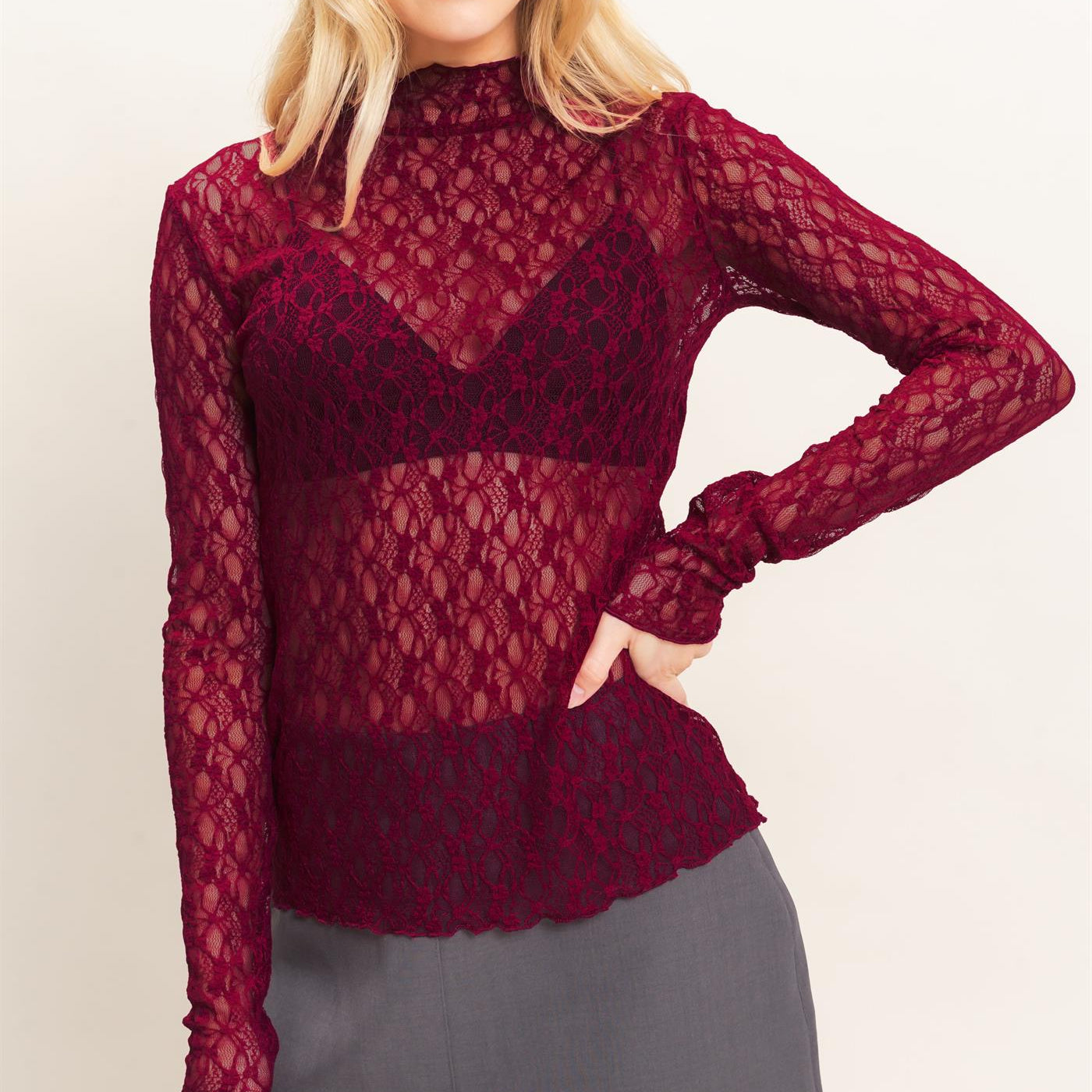 Wholesale Lace Mock Neck Long Sleeve Top Clothing Tops HF26E033-D BURGUNDY HYFVE