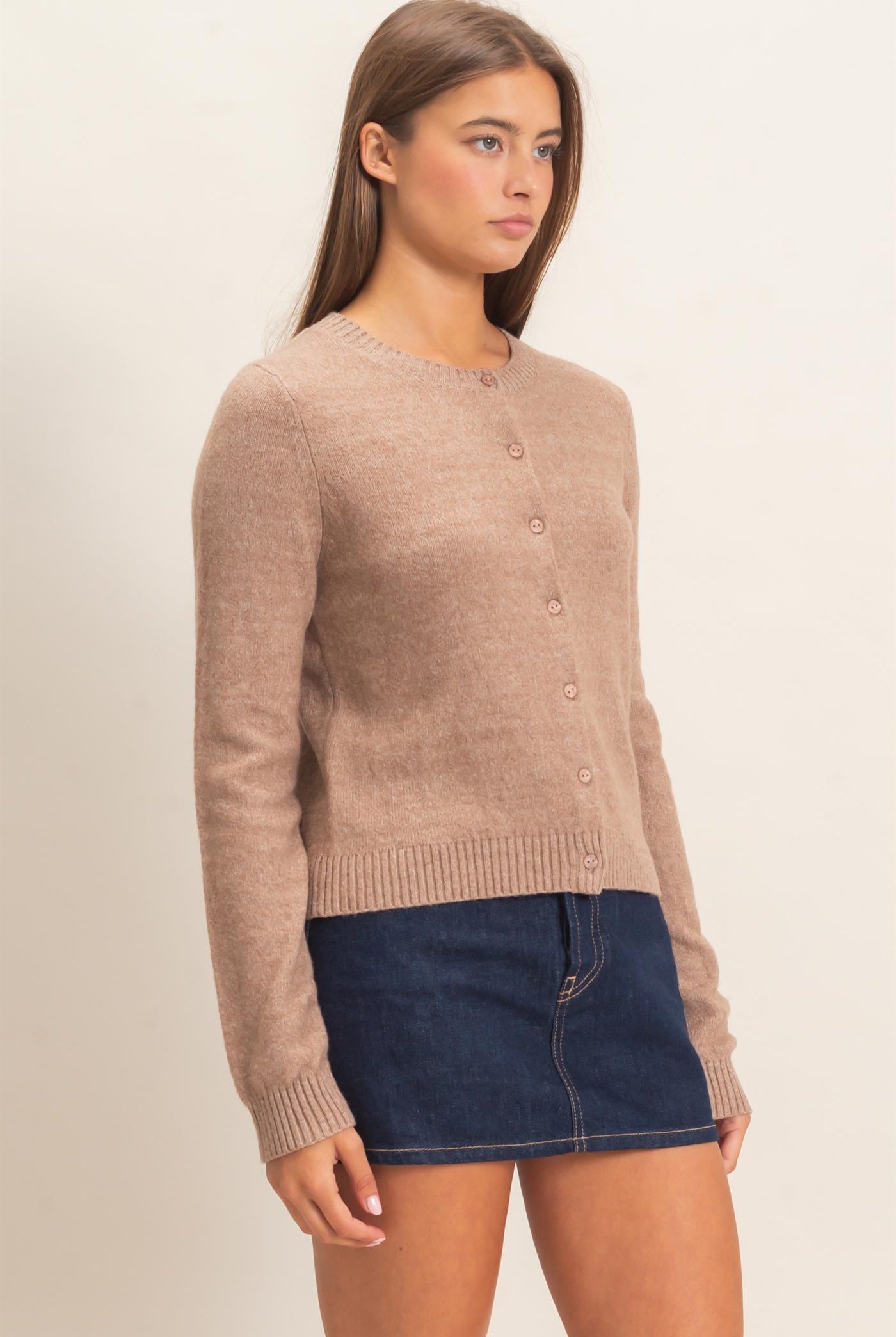 Wholesale Crew Neck Cardigan Cardigans DZ26E119 DARK TAUPE DOUBLE ZERO