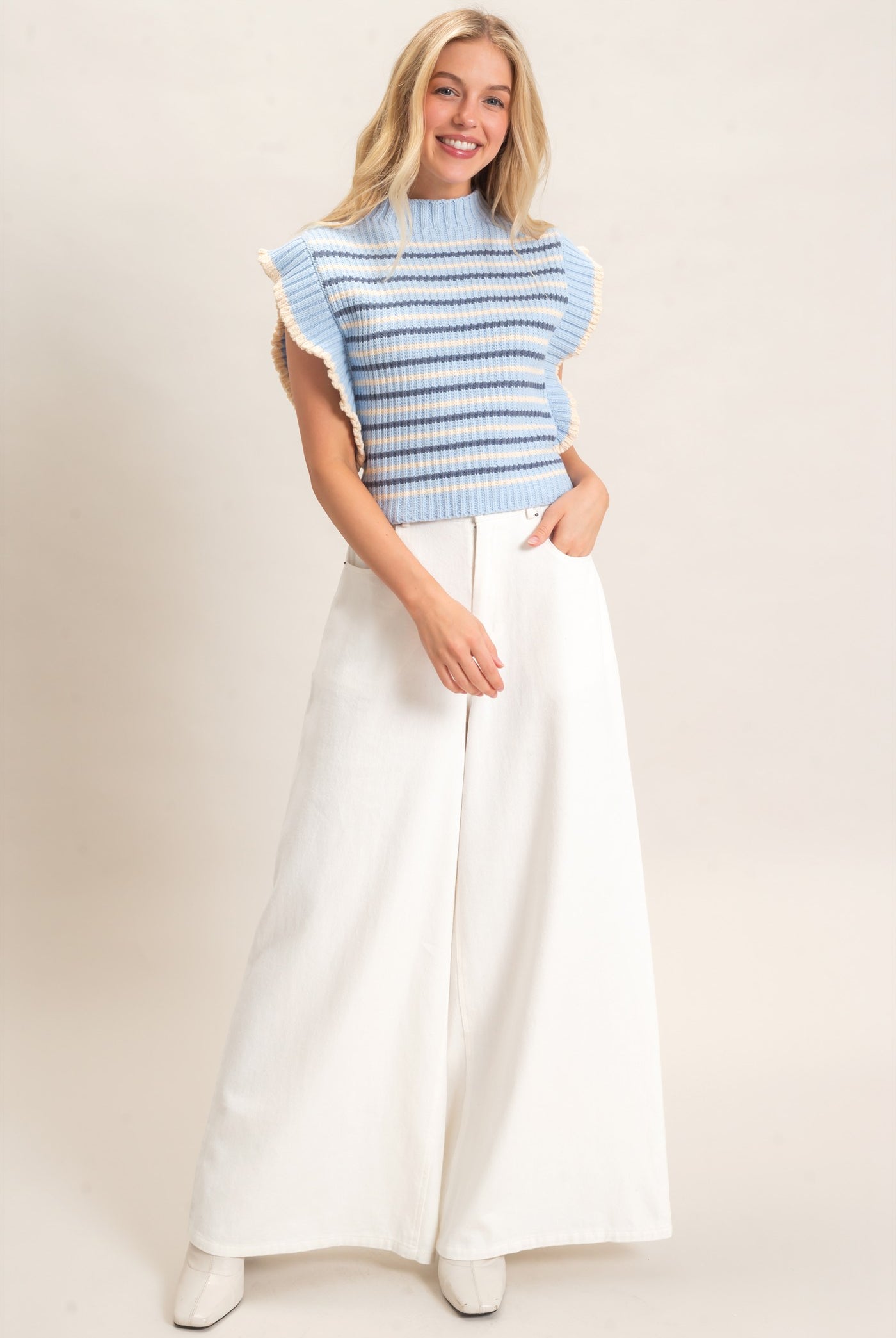Wholesale Ribbed Ruffle Sleeve Sweater Sweaters HF26F182 L.BLUE HYFVE