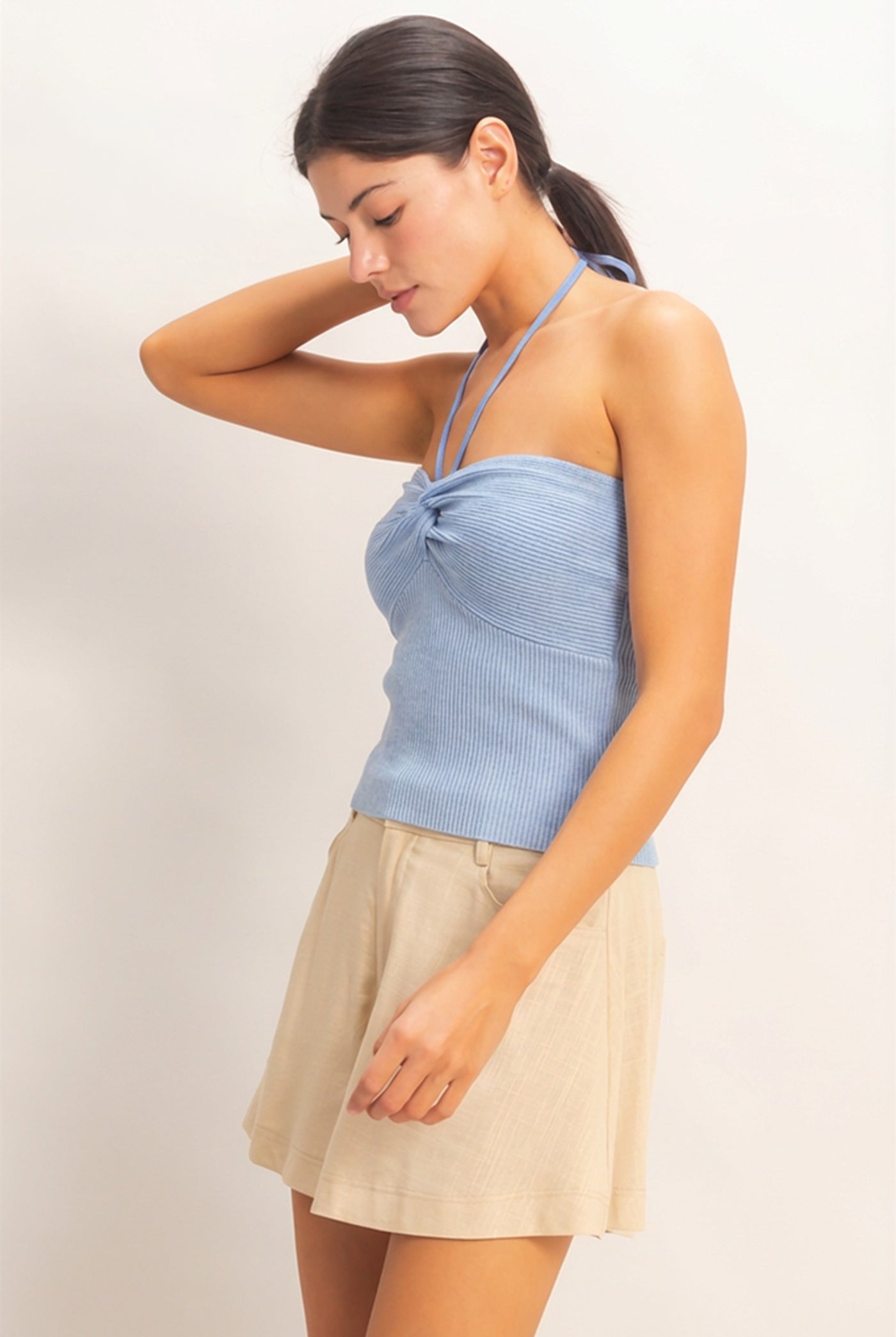 Wholesale Ribbed Halter Top With Twist Clothing Tops HF26A299 L.BLUE HYFVE