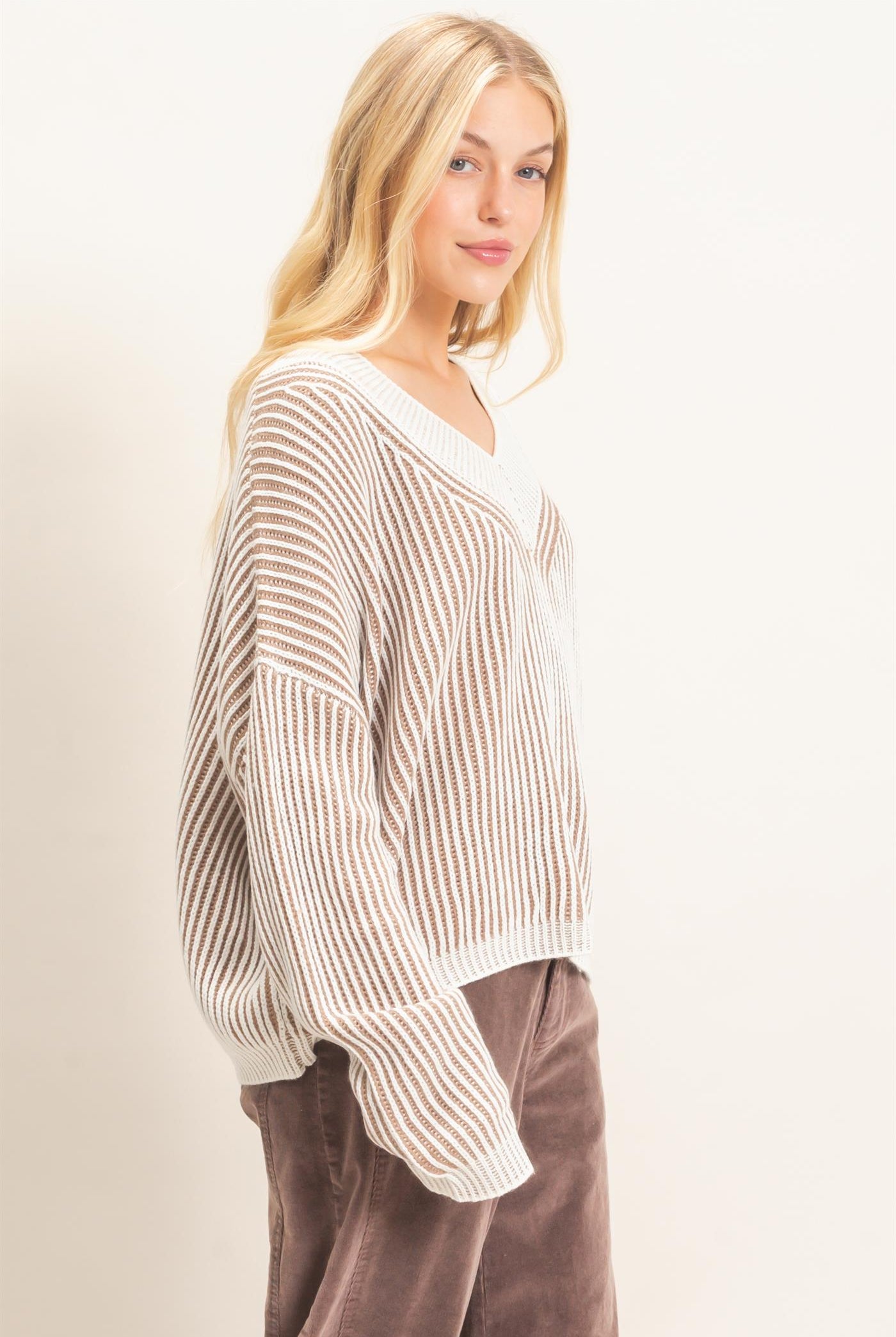 Wholesale Striped V-Neck Ribbed Sweater Sweaters HF26F202 TAUPE HYFVE