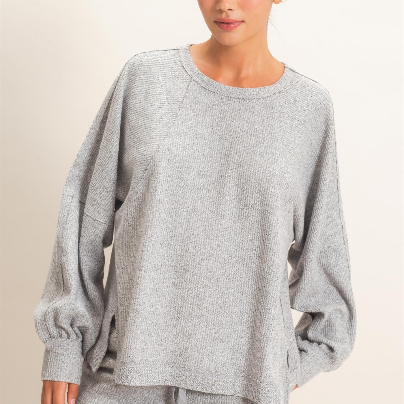 Wholesale Brushed Waffle Long Sleeve Top Clothing Tops DZ26F312 HEATHER GRAY DOUBLE ZERO