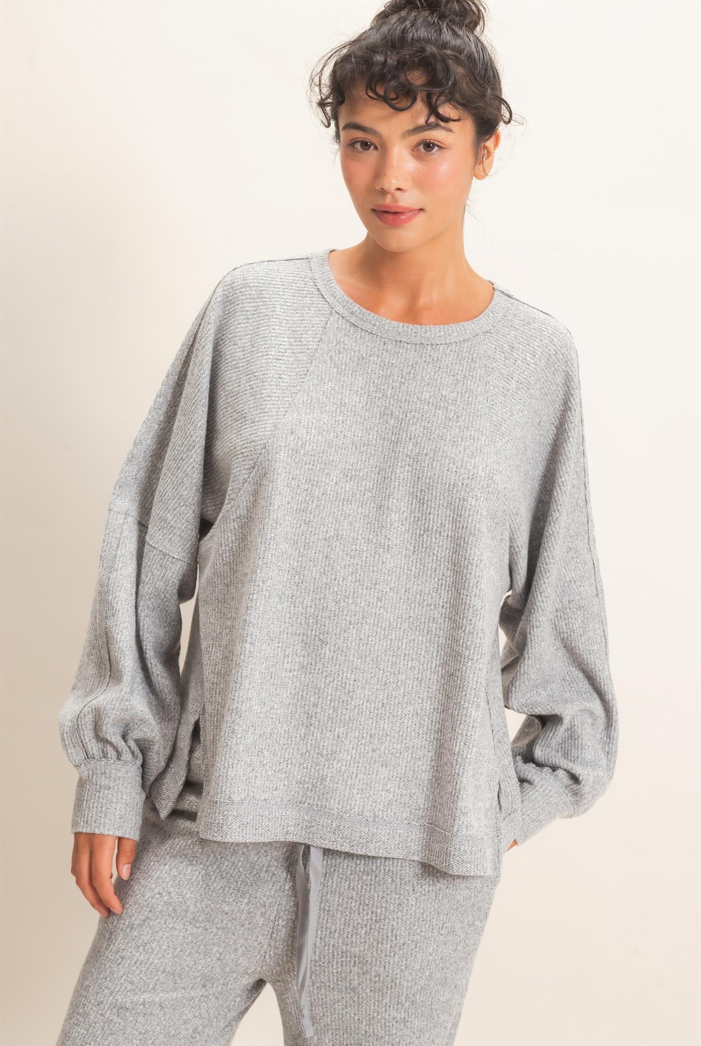 Wholesale Brushed Waffle Long Sleeve Top Clothing Tops DZ26F312 HEATHER GRAY DOUBLE ZERO