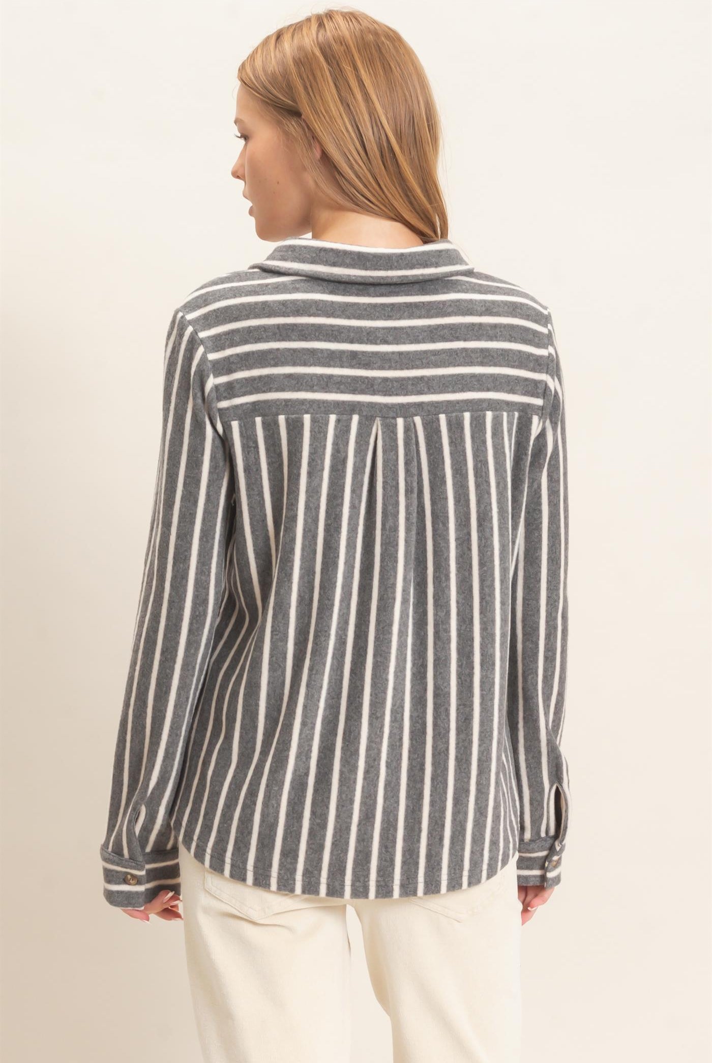 Wholesale Striped Button-Up Knit Shirt Clothing Tops HF26E189 GRAY HYFVE
