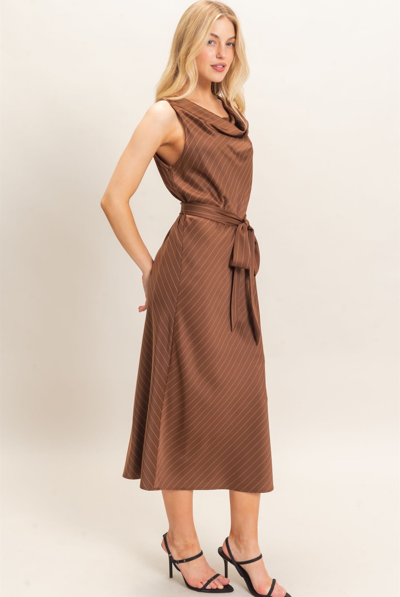 Wholesale Cowl Neck Sleeveless Belted Dress Dresses HF25E739 CHOCOLATE HYFVE