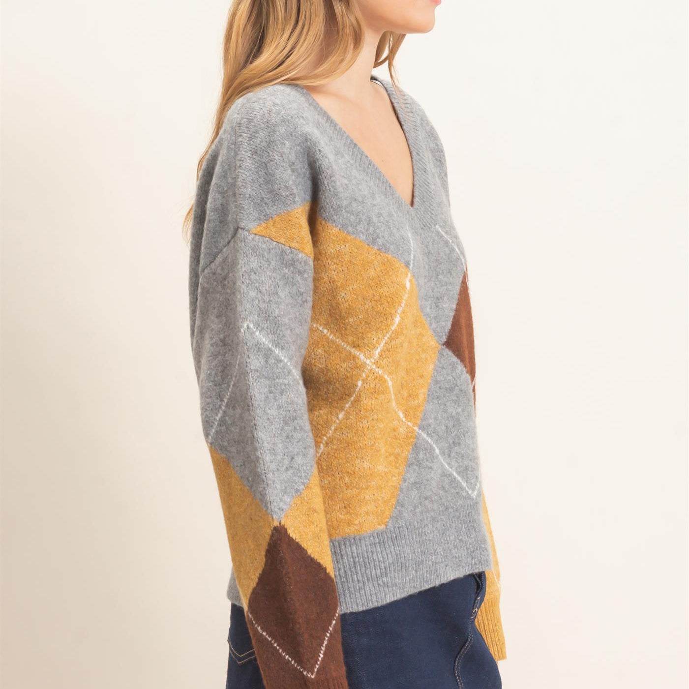 Wholesale Argyle Pattern V-Neck Sweater Sweaters HF26E475 HEATHER GRAY HYFVE
