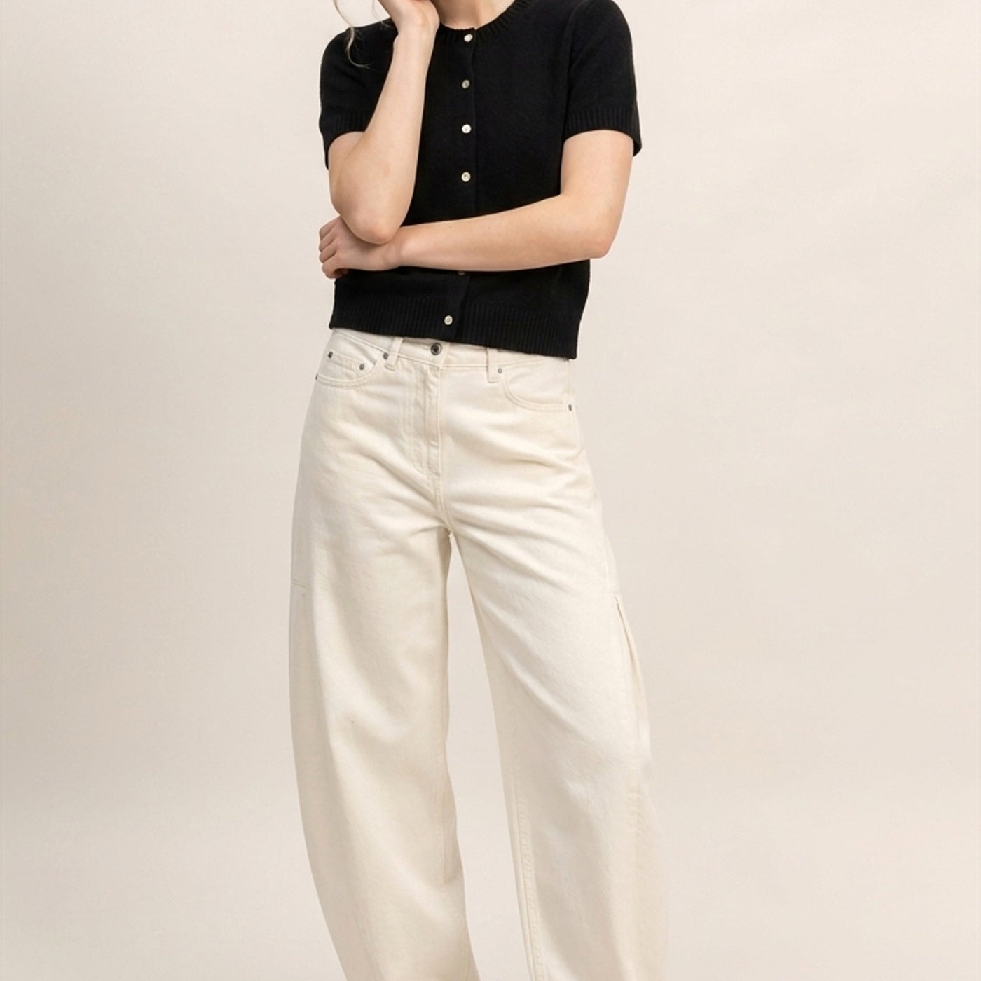 Wholesale Crew Neck Short Sleeve Cardigan Cardigans DZ26E108 BLACK DOUBLE ZERO