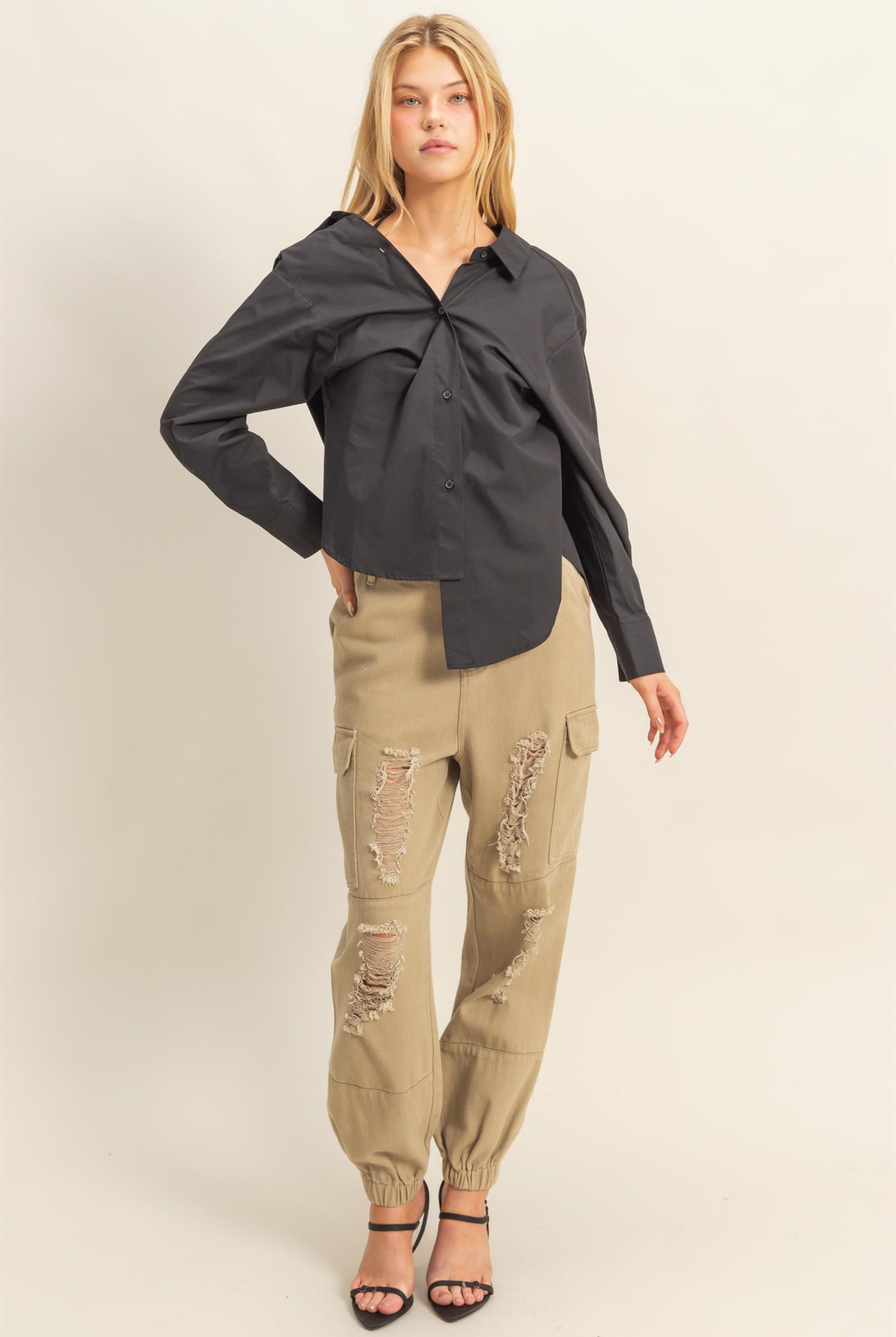 Wholesale Off-The-Shoulder Asymmetrcal Button-Up Shirt Clothing Tops HF22G139 BLACK HYFVE