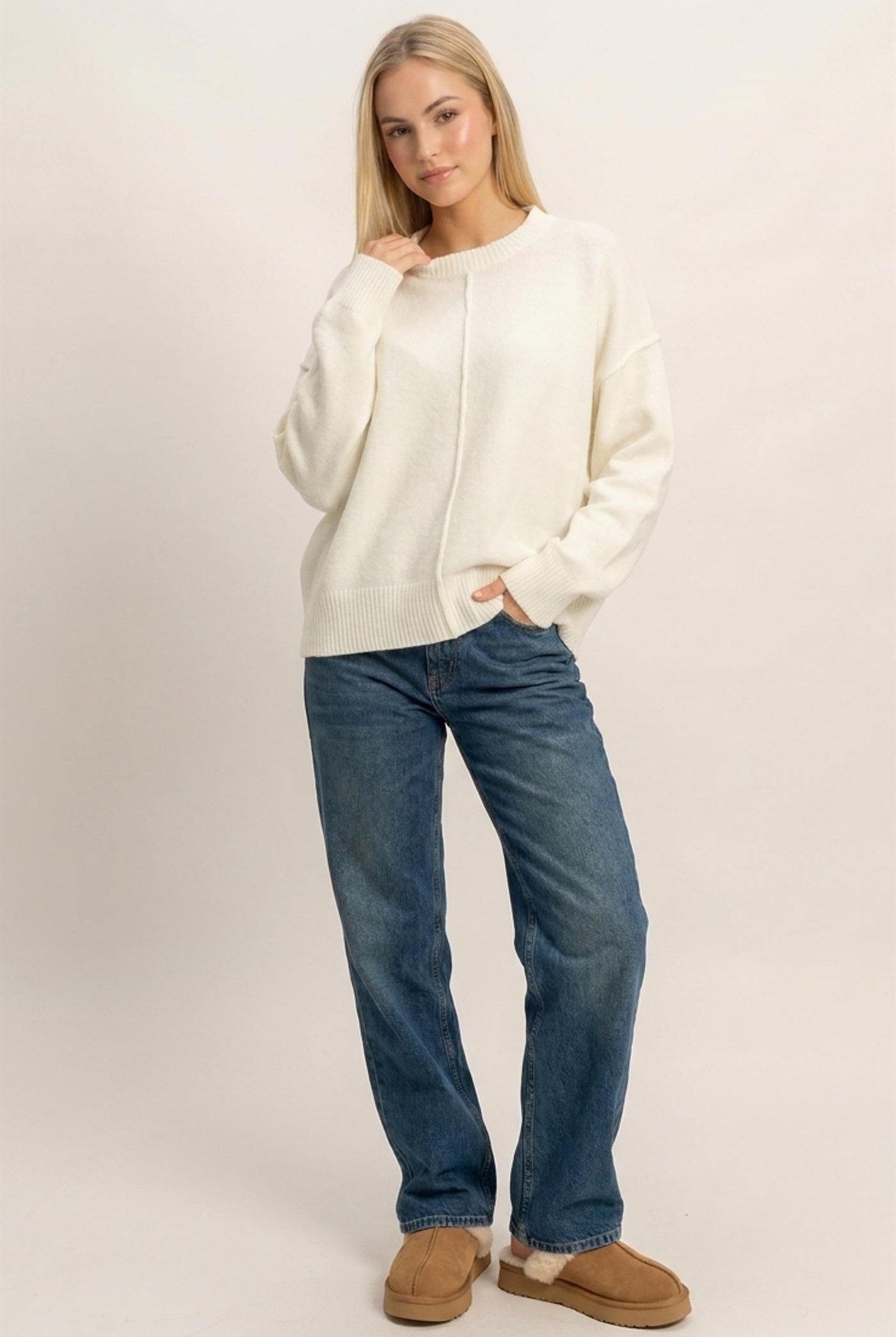 Wholesale Crew Neck Seam Detail Sweater Sweaters DZ26E240 CREAM DOUBLE ZERO