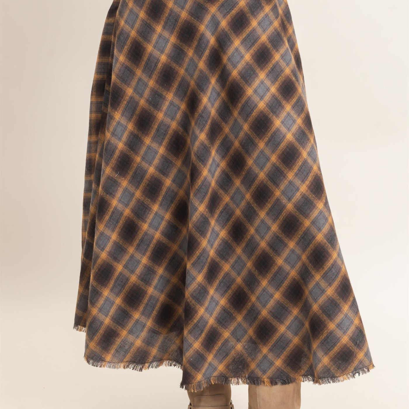 Wholesale A-Line Plaid Frayed Hem Skirt Skirts HF26E972 MUSTARD HYFVE