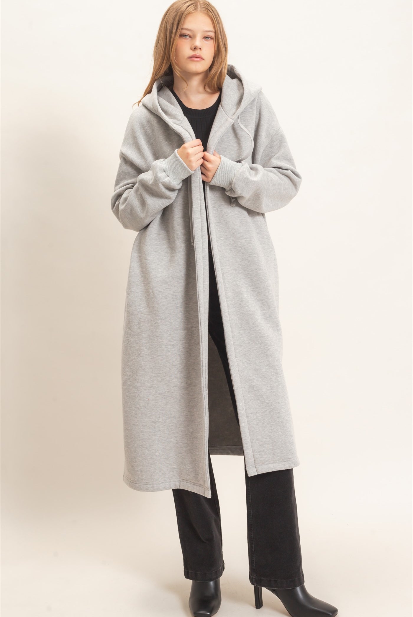 Wholesale Oversized Hooded Open Front Coat Coats & Jackets HF26F142-D H.GRAY HYFVE