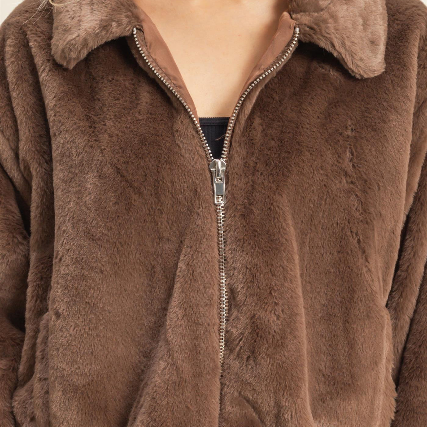 Wholesale Faux Fur Zip Up Jacket With Plush Collar Coats & Jackets HF25E940 BROWN HYFVE