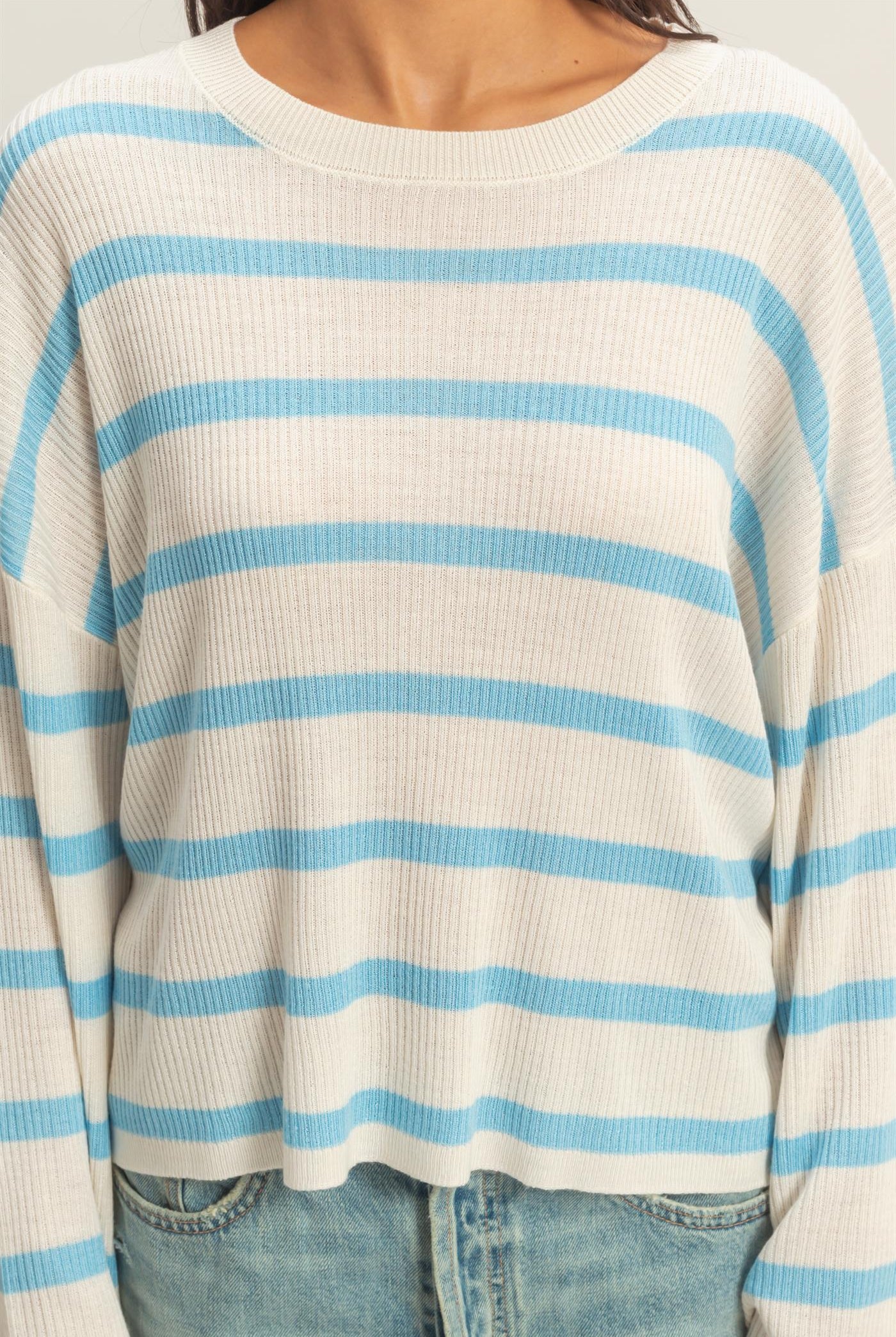 Wholesale Lightweight Wide-Sleeve Striped Sweater Clothing Tops DZ26A329 BLUE DOUBLE ZERO