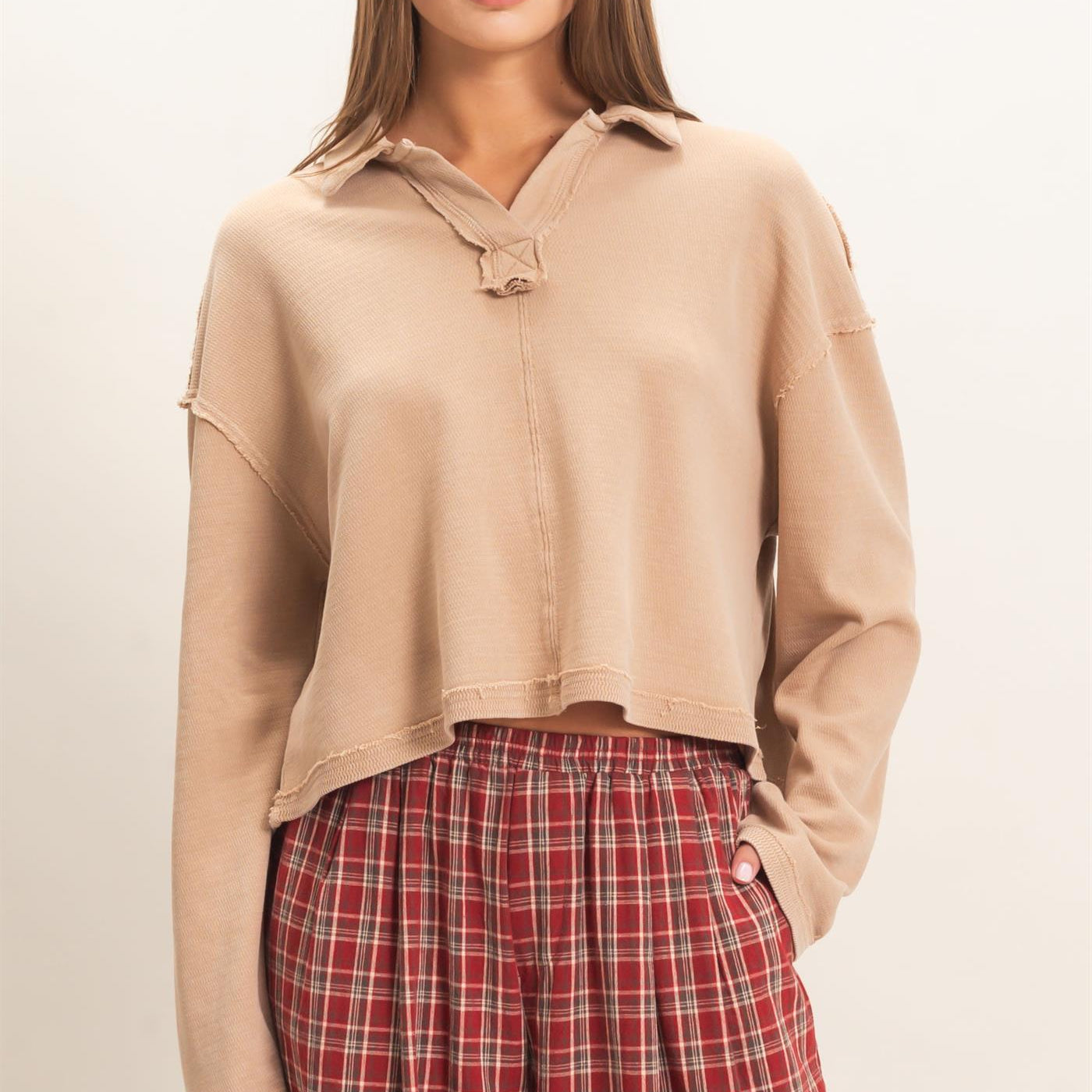 Wholesale Mineral Wash Textured Collar Top Polos DZ26E814 DARK TAUPE DOUBLE ZERO