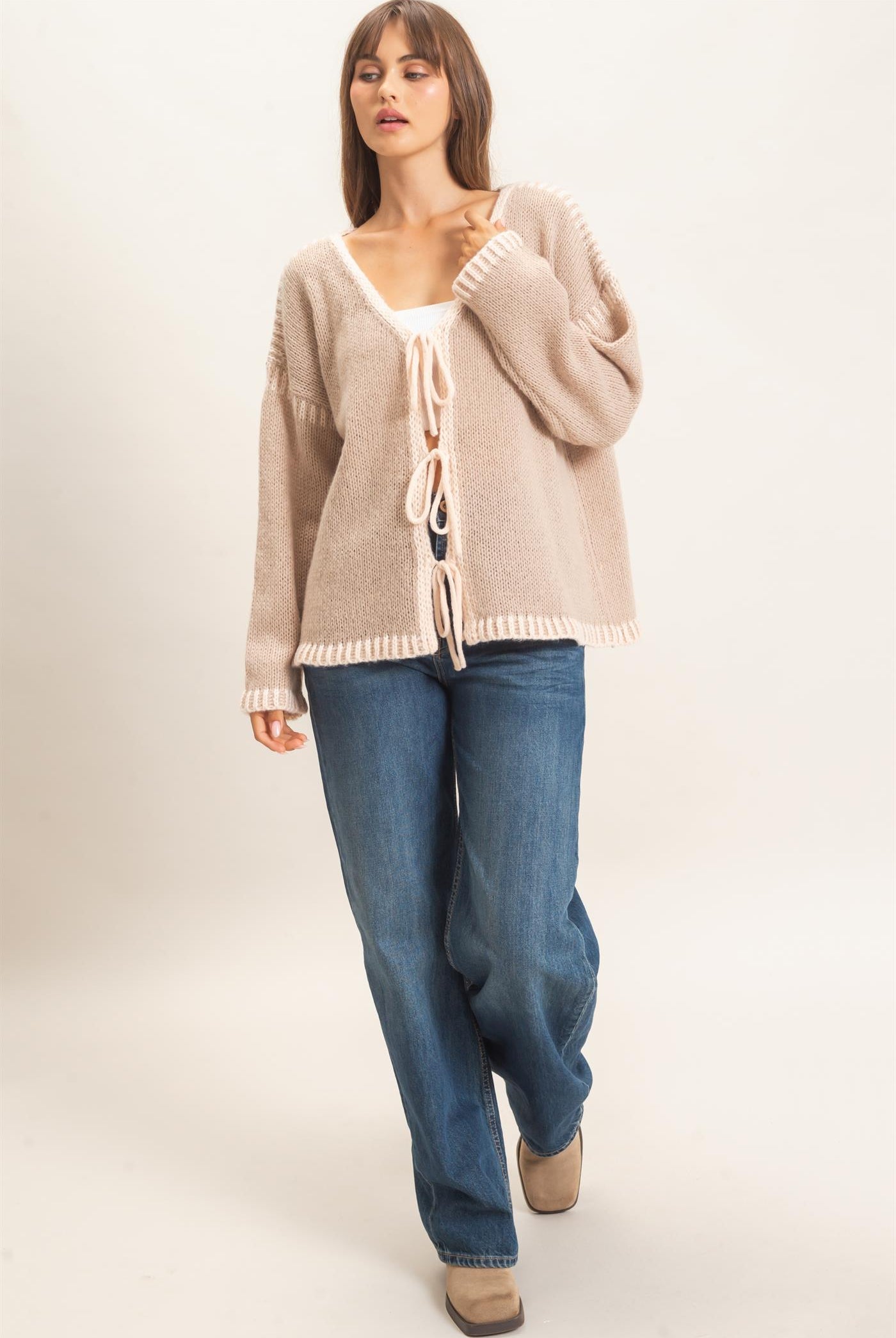 Wholesale Open Front Tie Cardigan Cardigans HF26F154 TAUPE HYFVE