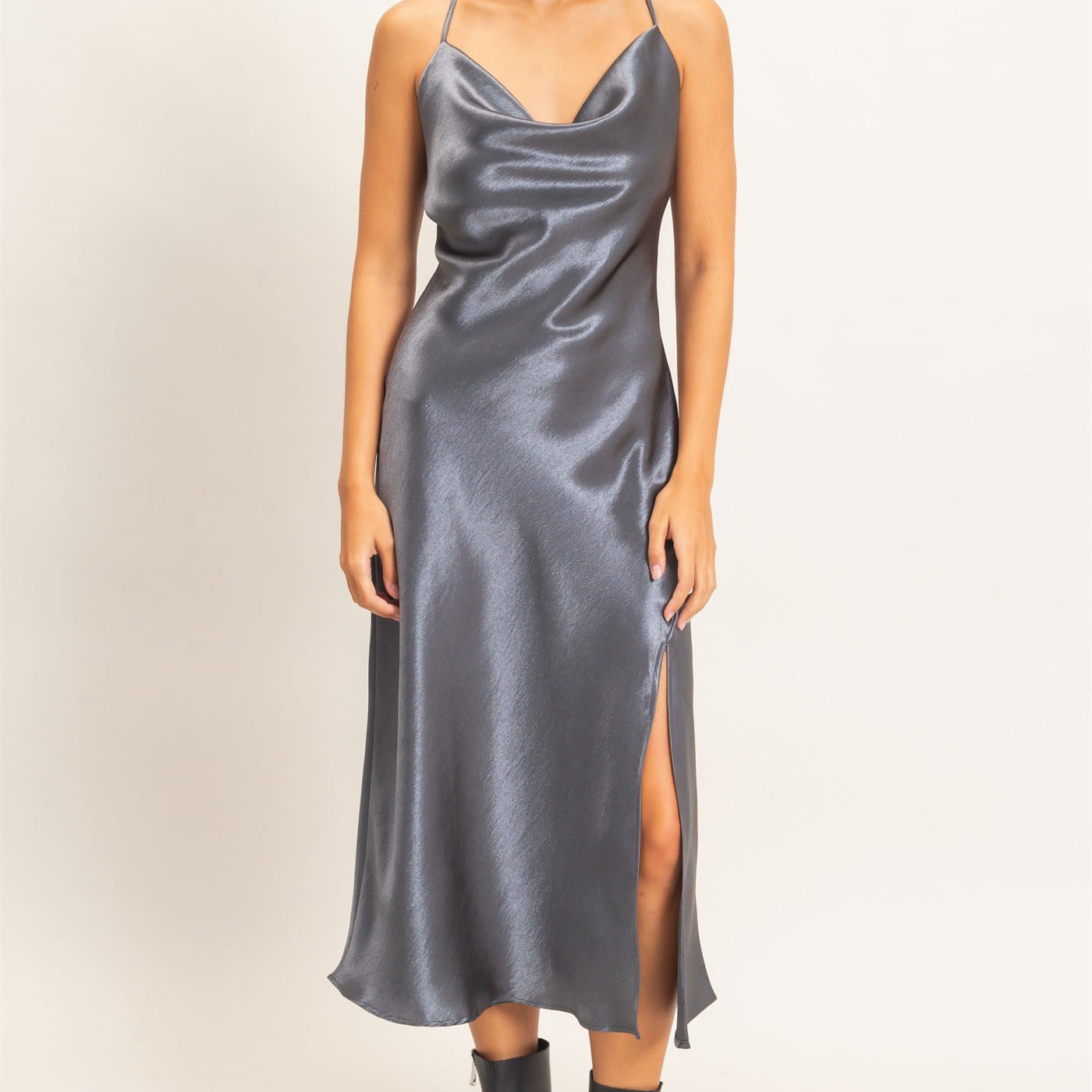 Wholesale Cowl Neck Satin Slip Dress Dresses DZ26E251 DARK GRAY DOUBLE ZERO