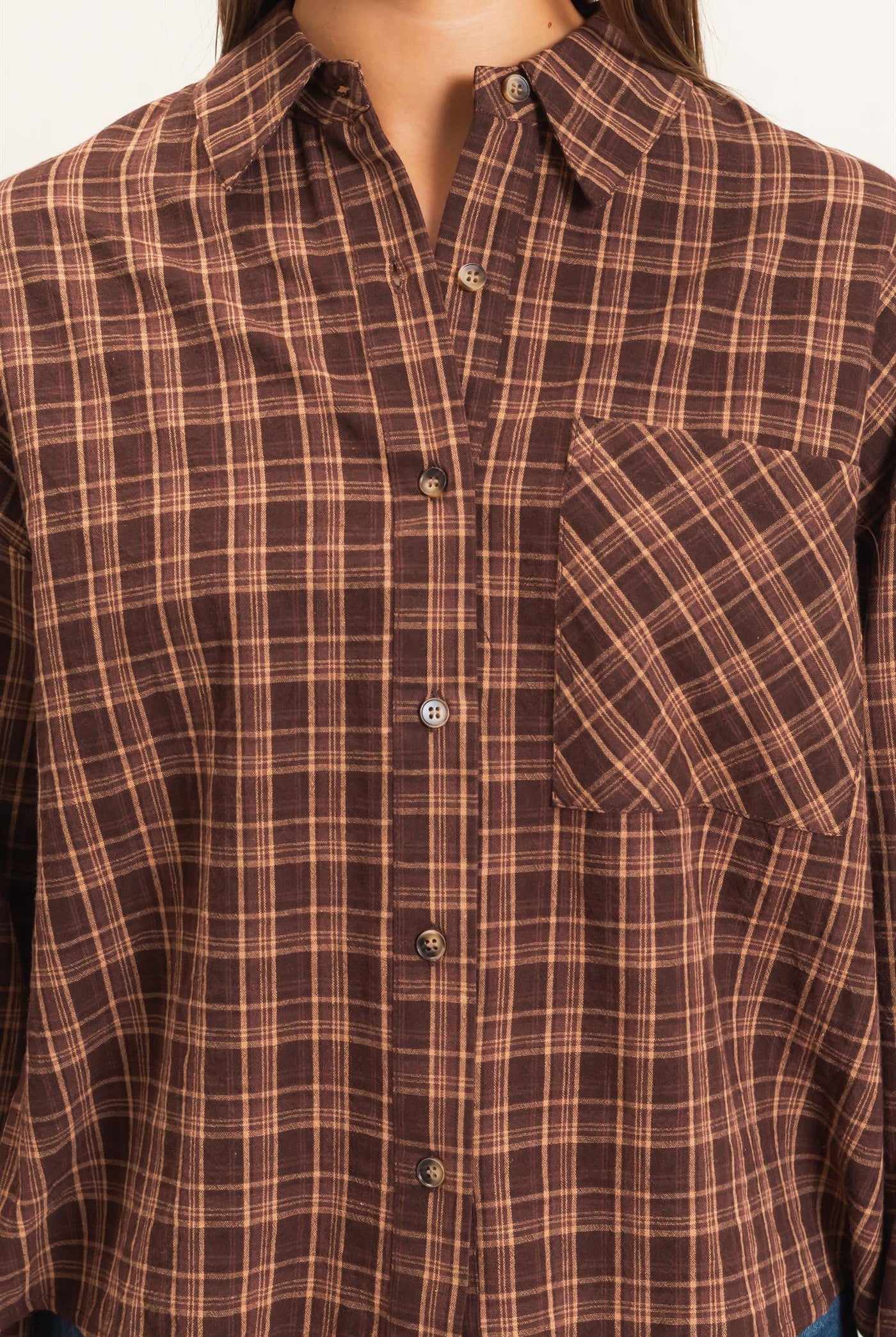 Wholesale Plaid Button-Up Shirt Clothing Tops DZ26E395 BROWN DOUBLE ZERO