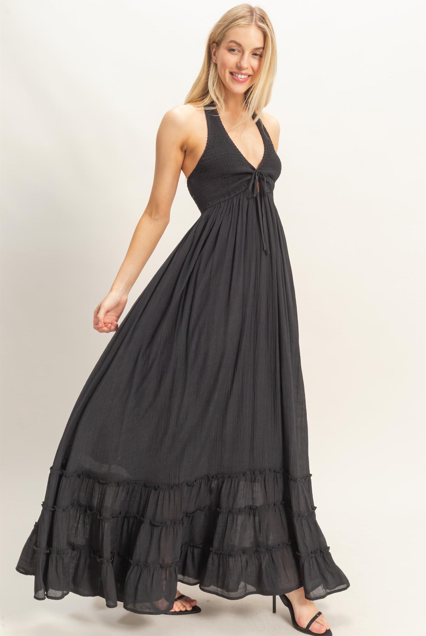 Wholesale Halter Neck Smocked Maxi Dress Dresses HF26C287-D BLACK HYFVE