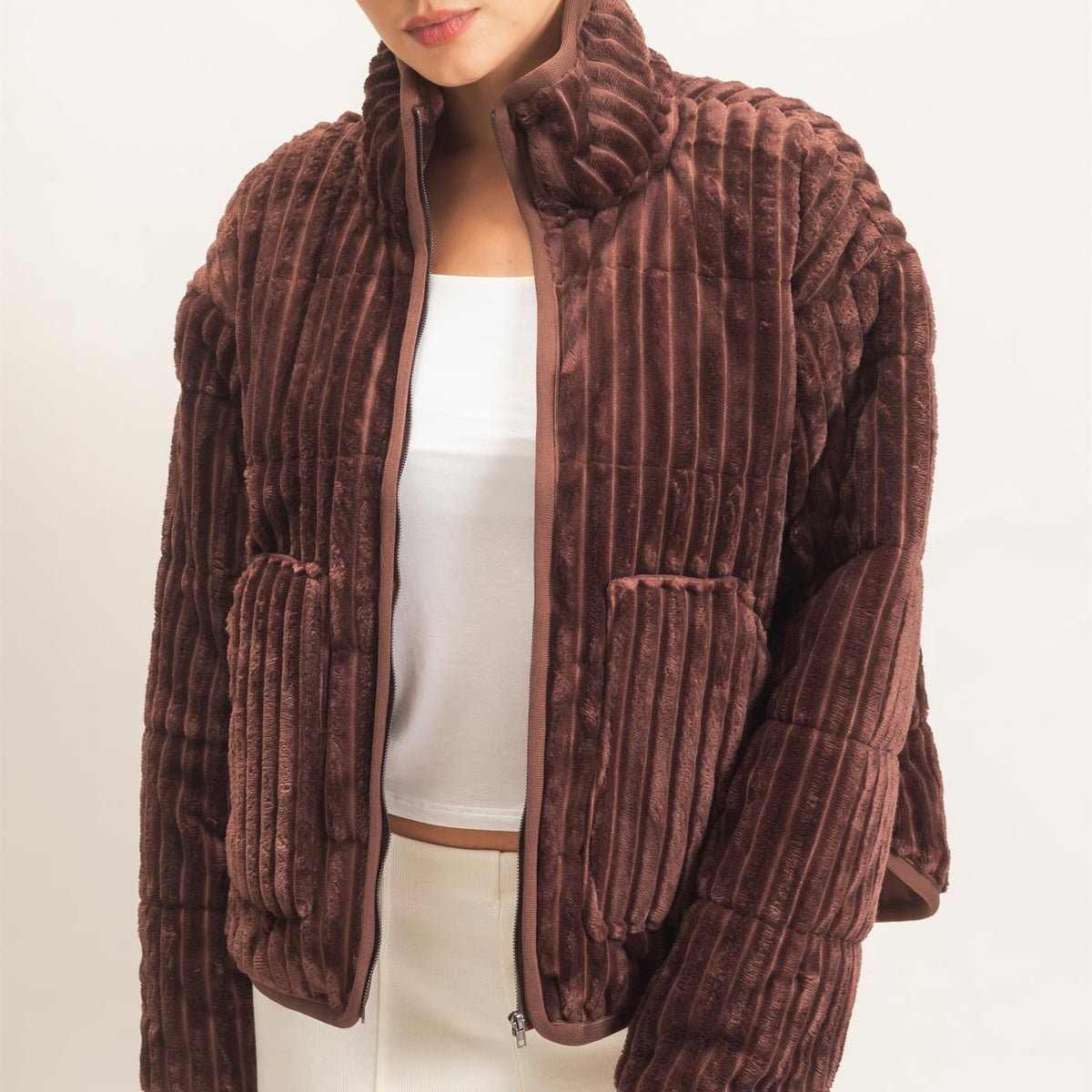 Wholesale Quilted Corduroy Zip-Up Jacket Coats & Jackets HF26E753 CHOCOLATE HYFVE