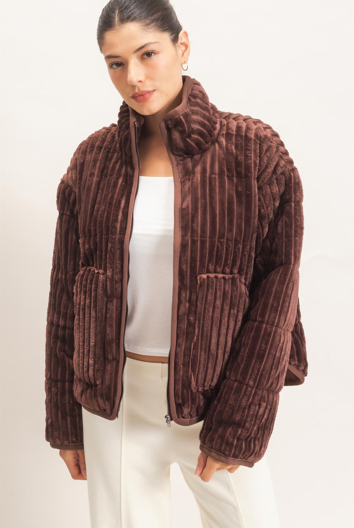 Wholesale Quilted Corduroy Zip-Up Jacket Coats & Jackets HF26E753 CHOCOLATE HYFVE