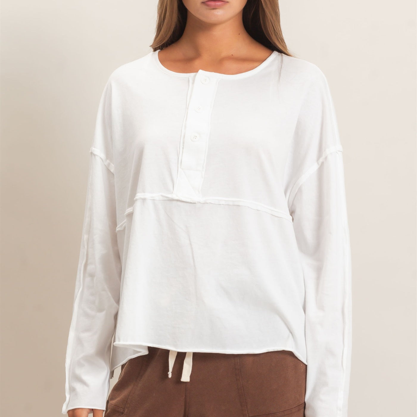 Wholesale Oversized Henley Top With Raw Edges Clothing Tops DZ26F128 WHITE DOUBLE ZERO