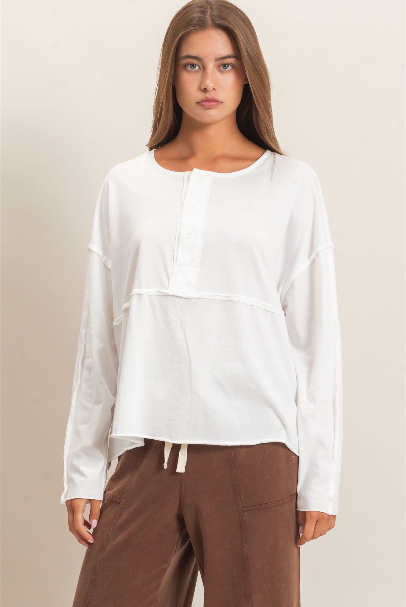 Wholesale Oversized Henley Top With Raw Edges Clothing Tops DZ26F128 WHITE DOUBLE ZERO