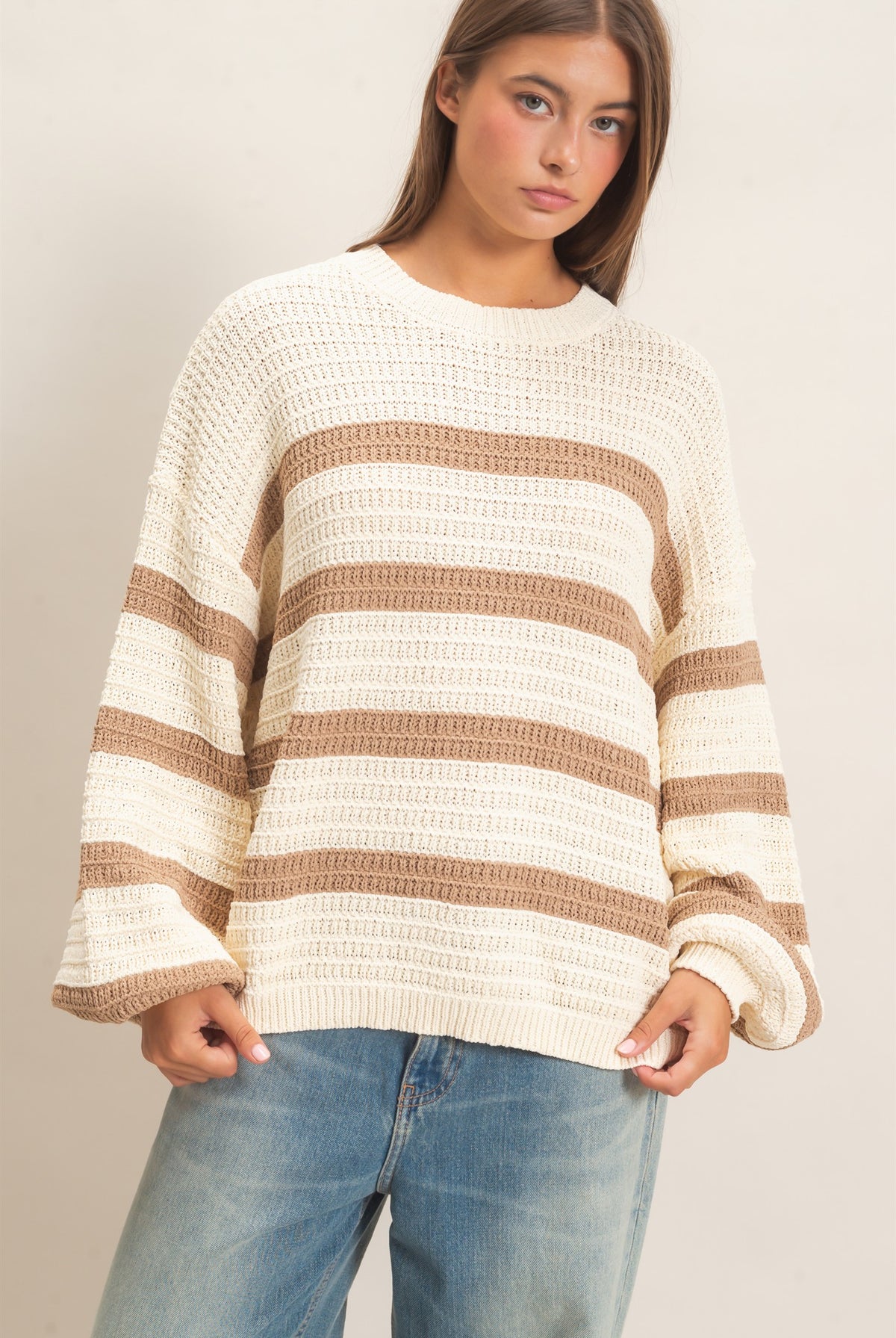Wholesale Striped Oversized Sweater Sweaters DZ27A192 TAUPE DOUBLE ZERO
