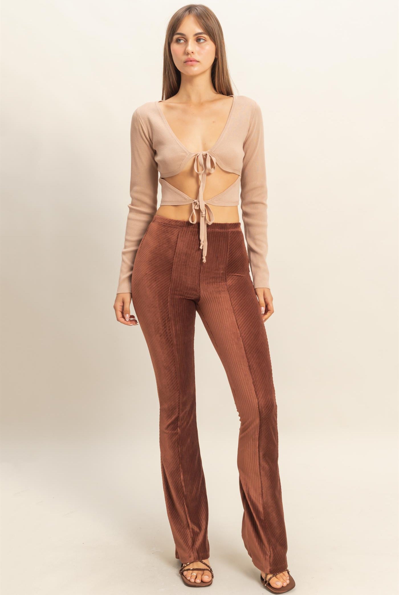 Wholesale Double Tie Cutout Crop Top Clothing Tops HF22C905 TAUPE HYFVE