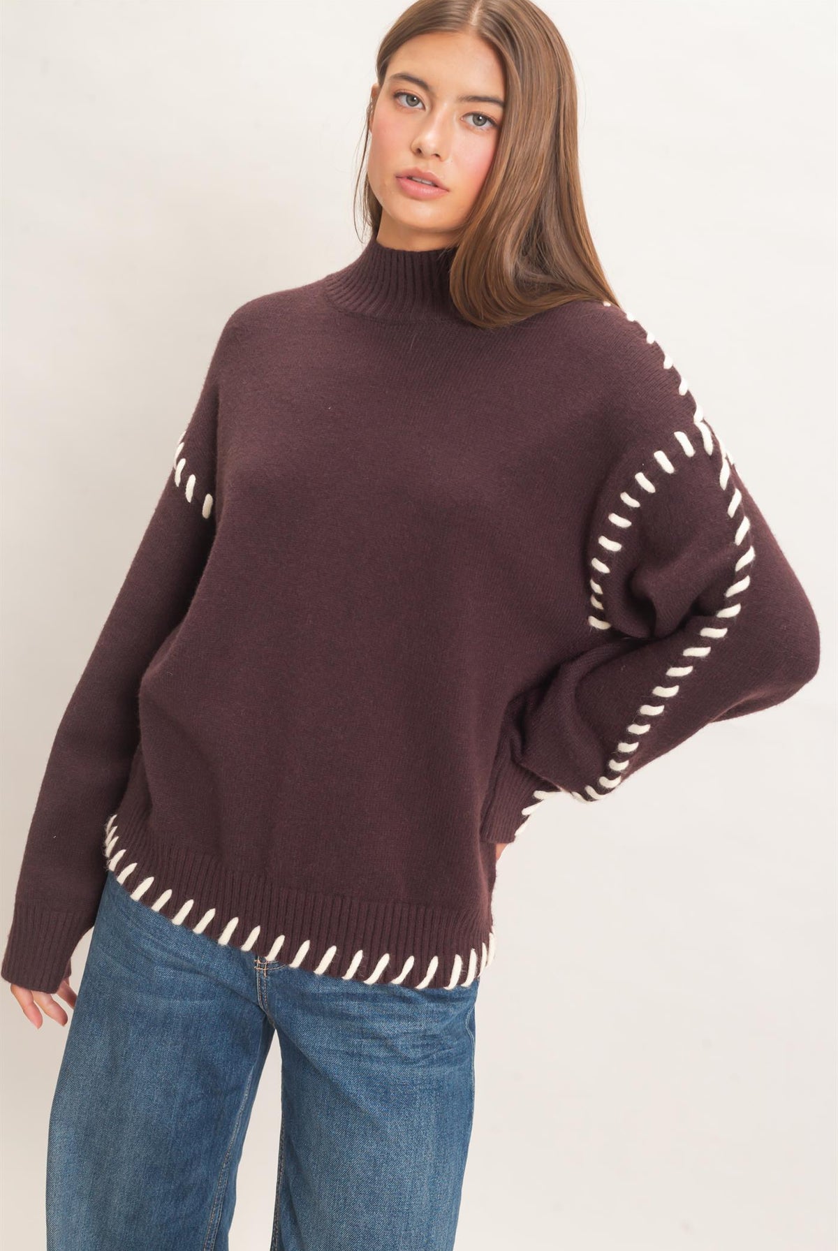 Wholesale Blanket Stitch High Neck Sweater Sweaters DZ27A190 DARK BROWN DOUBLE ZERO