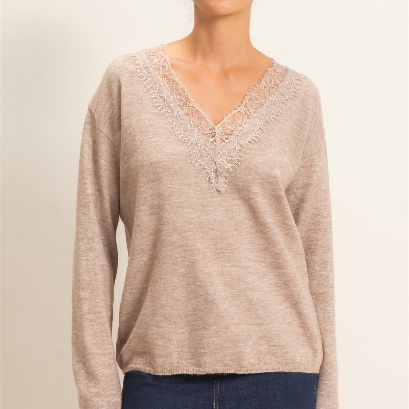 Wholesale Lace Trim V-Neck Sweater Sweaters DZ26E327 TAUPE DOUBLE ZERO