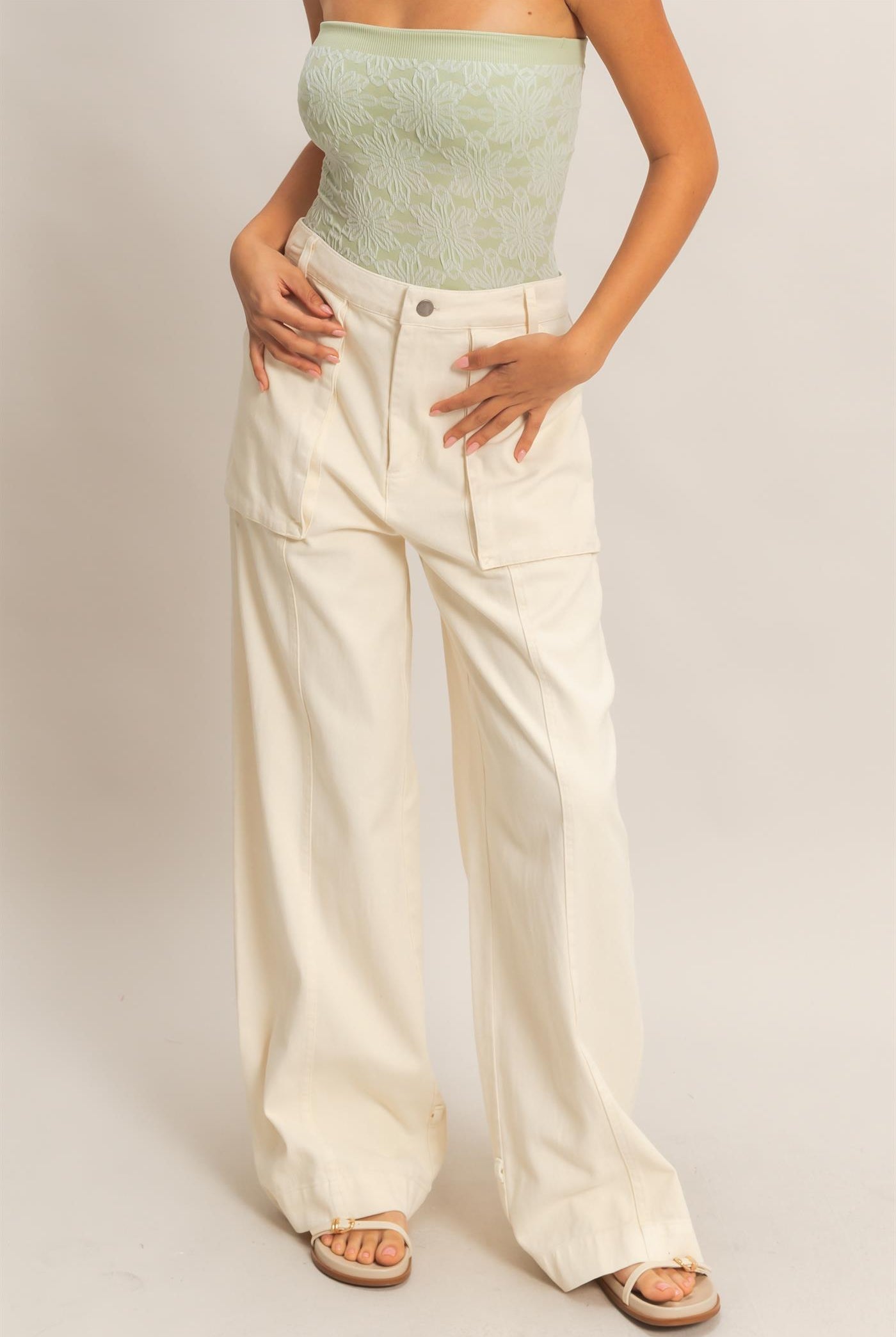 Wholesale High Rise Cargo Pants With Ankle Ties Pants DZ24C156 CREAM DOUBLE ZERO