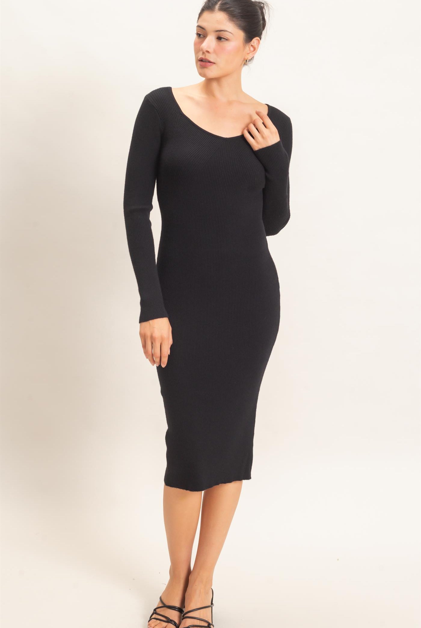 Wholesale Ribbed V-Neck Long Sleeve Dress Dresses HF26E217 BLACK HYFVE
