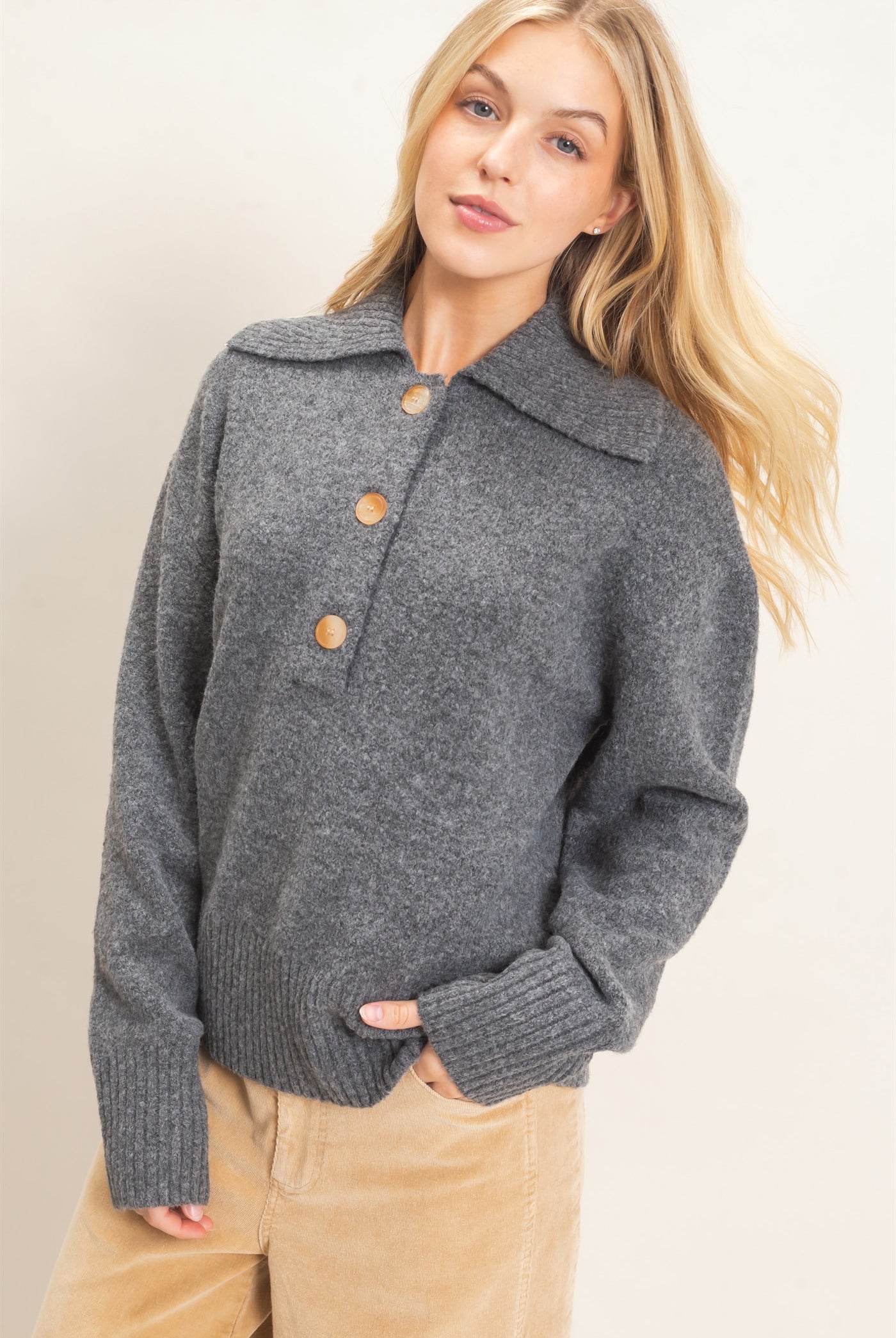 Wholesale Button-Up Collared Sweater Sweaters HF26E752 GRAY HYFVE