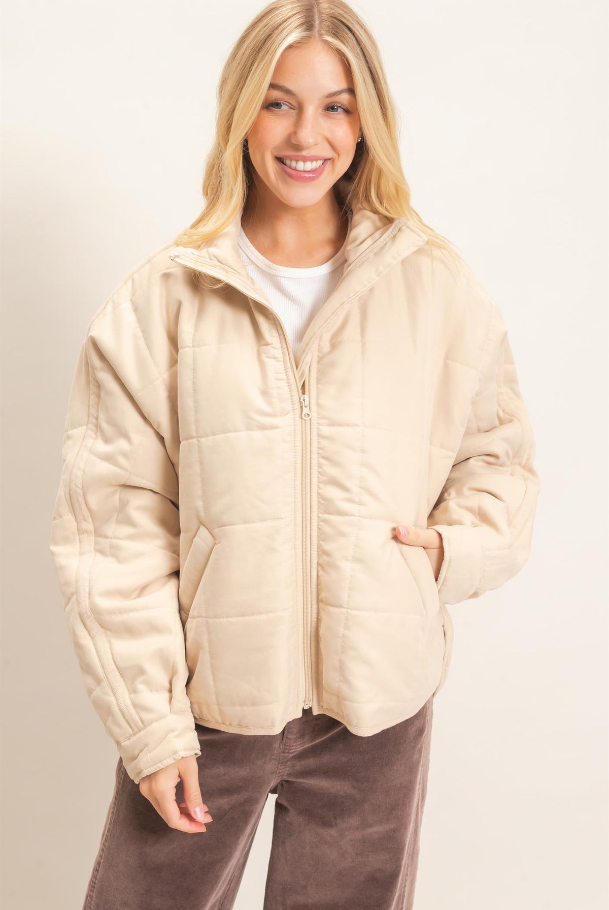 Wholesale Quilted High Collar Jacket Coats & Jackets HF26F167-D BEIGE HYFVE