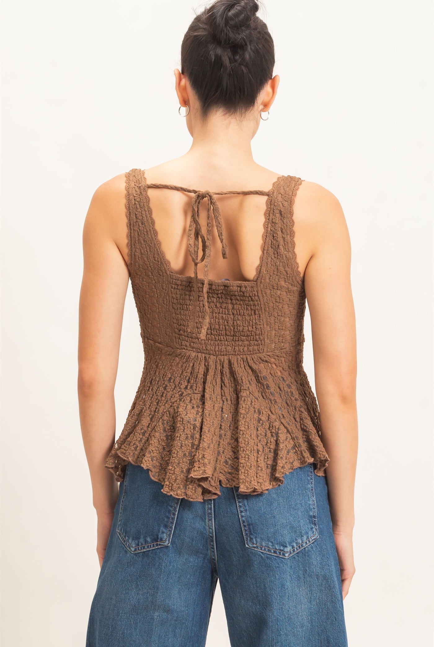 Wholesale Lace V-Neck Peplum Top Clothing Tops HF26E088 BROWN HYFVE