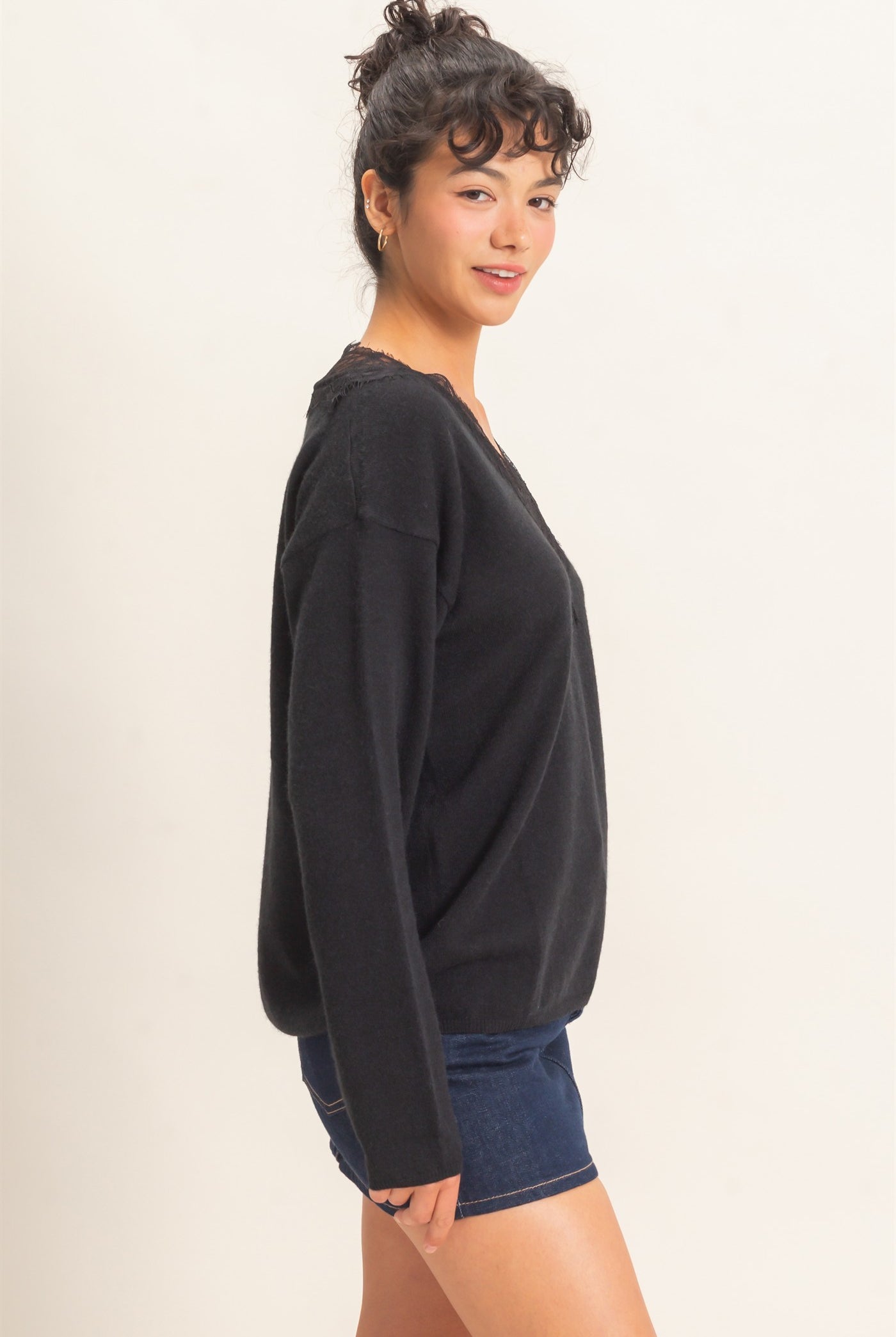 Wholesale Lace Trim V-Neck Sweater Sweaters DZ26E327 BLACK DOUBLE ZERO