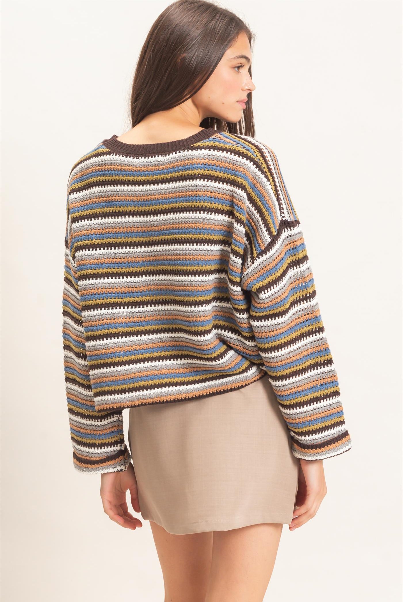 Wholesale Striped Boat Neck Sweater Sweaters HF26E681 BROWN COMBO HYFVE