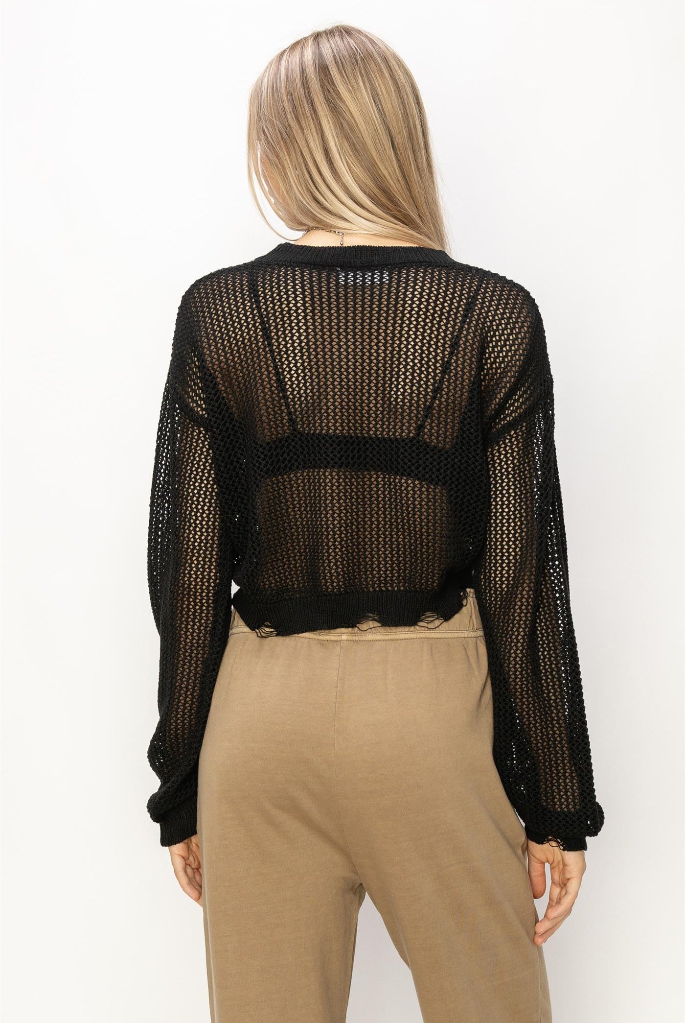 Wholesale Distressed Knit Sweater Clothing Tops DZ24C038 BLACK DOUBLE ZERO