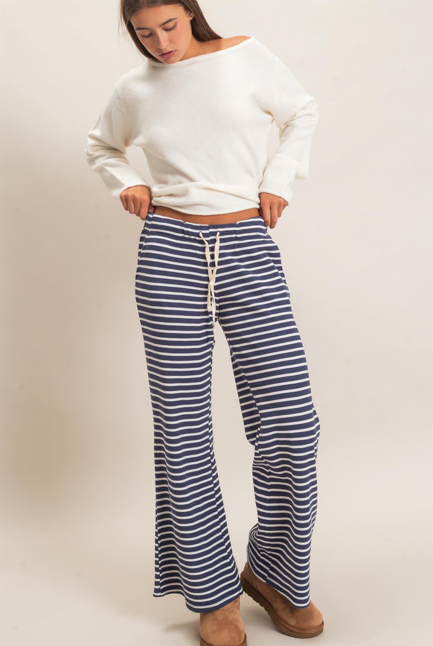 Wholesale Low Rise Striped Waffle Knit Pants Pants DZ26E553 NAVY DOUBLE ZERO
