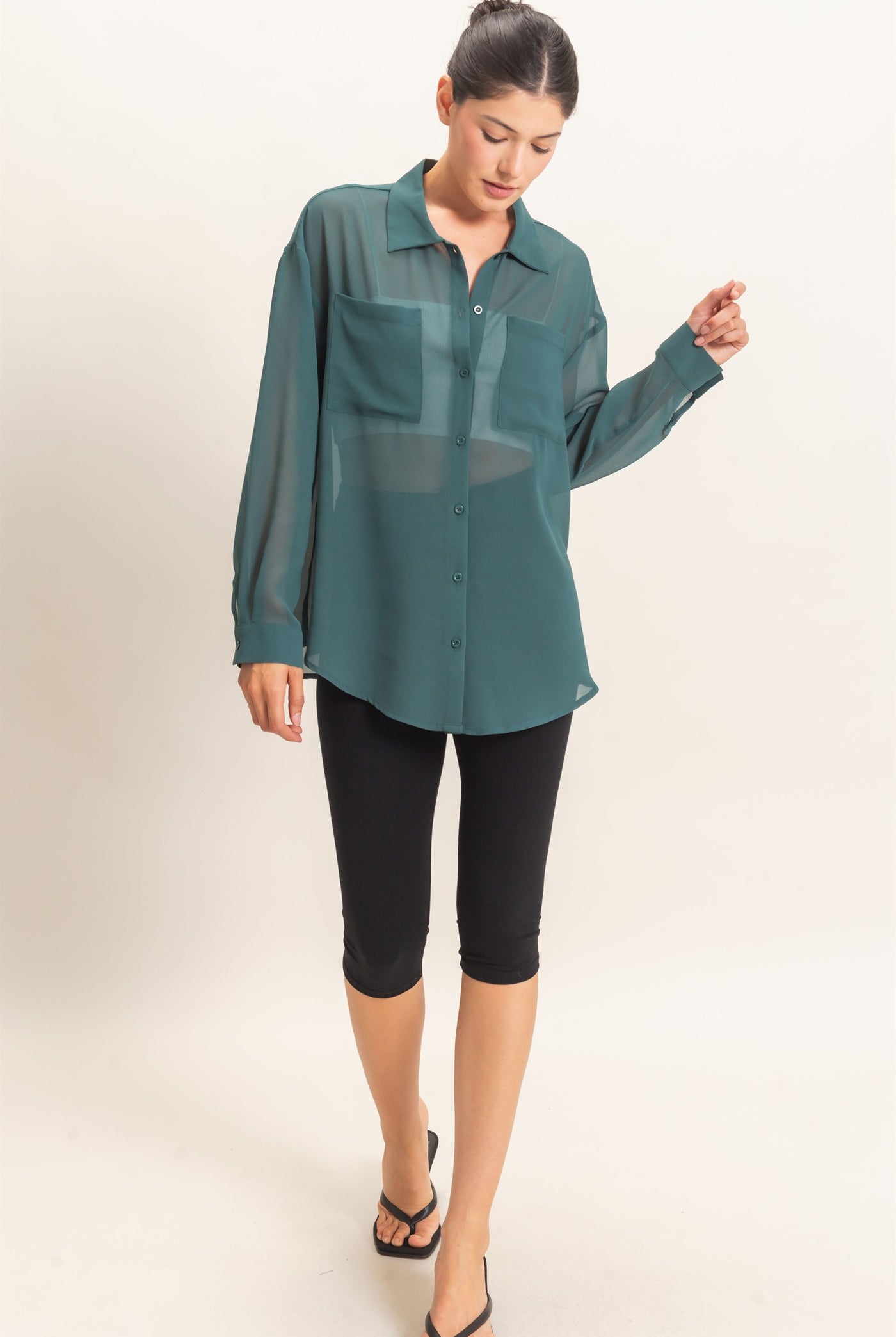 Wholesale Button-Down Collar Blouse Shirts HF26F067 TEAL GREEN HYFVE