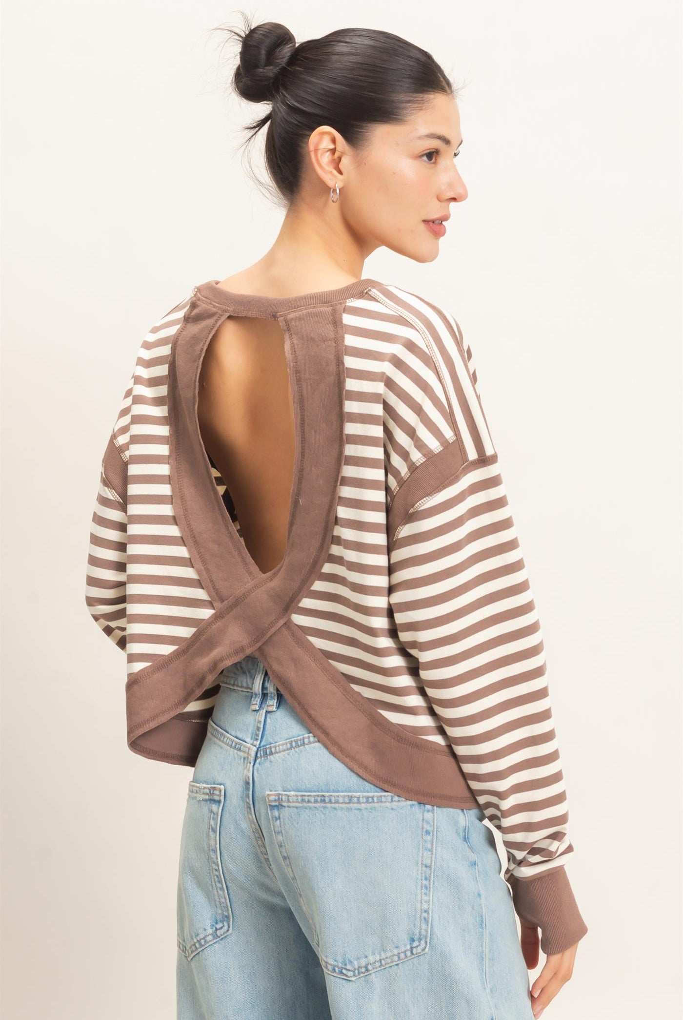 Wholesale Striped Long Sleeve Top Clothing Tops HF26C908-D MOCHA HYFVE