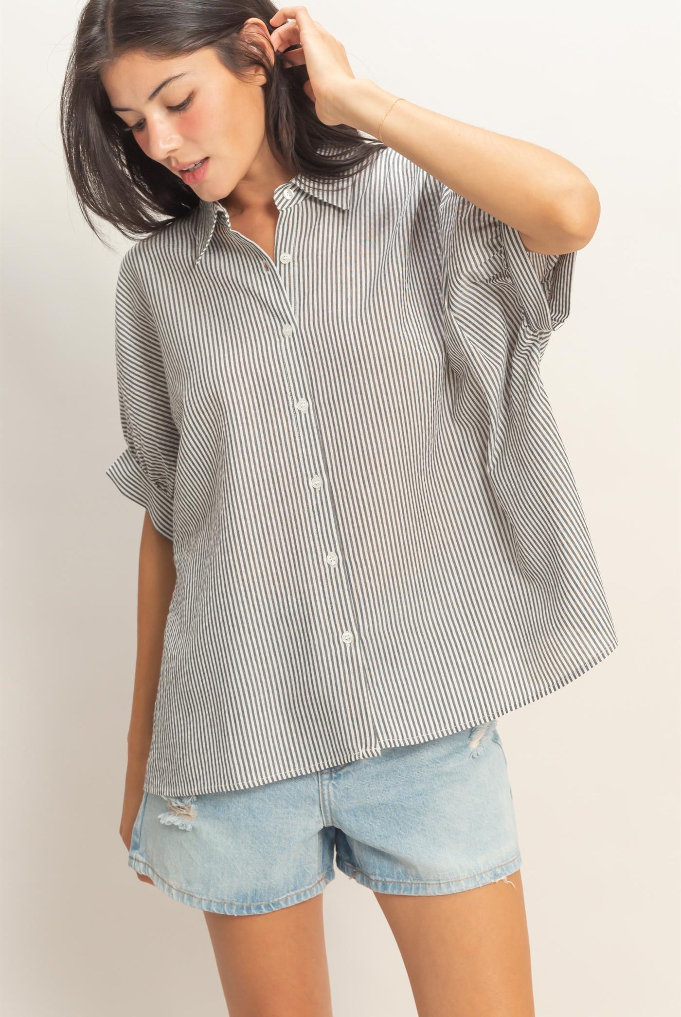 Wholesale Striped Short Sleeve Button-Front Blouse T-Shirts DZ26C276 BLACK DOUBLE ZERO