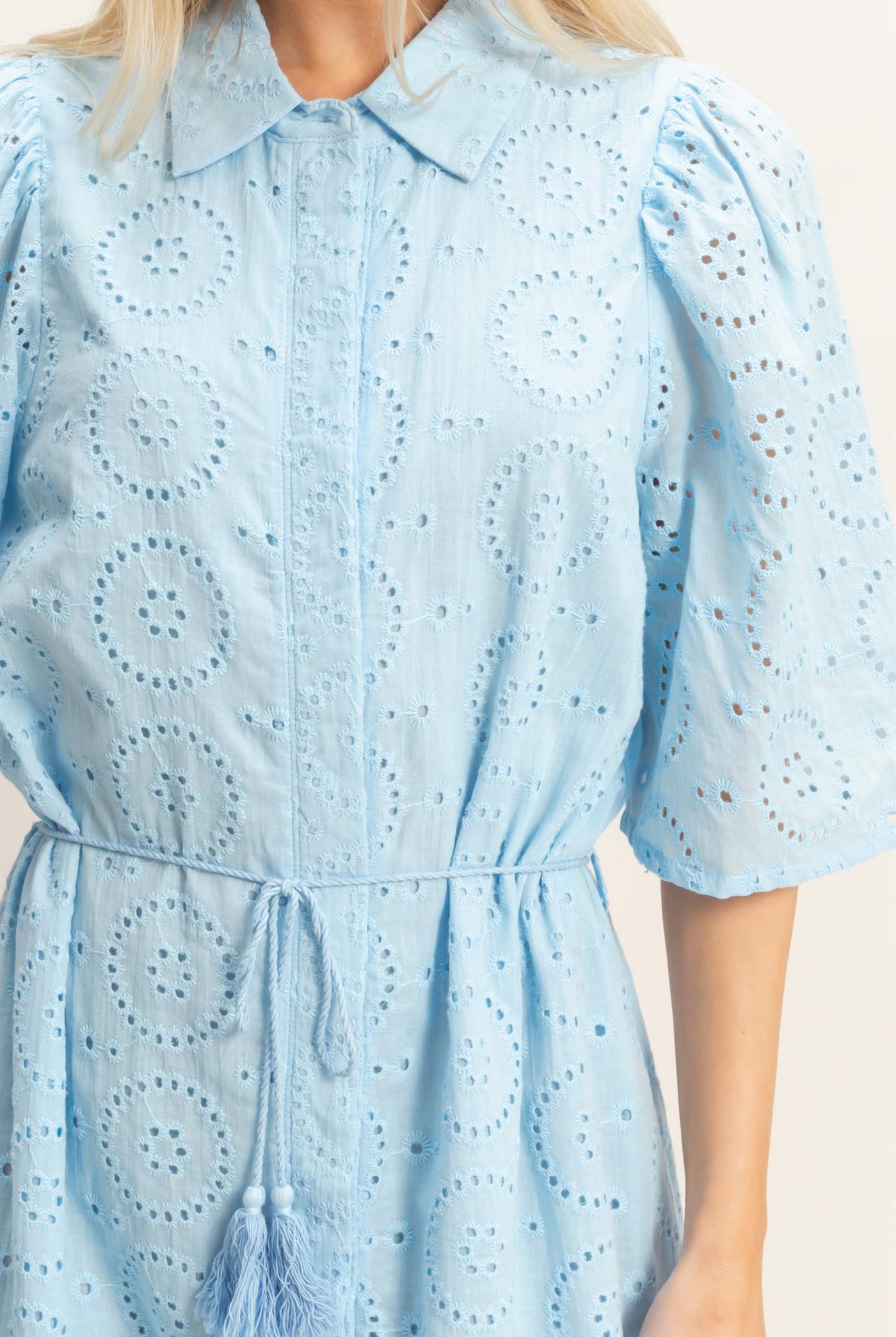Wholesale Eyelet Collared Midi Dress Dresses HF26A021 L.BLUE HYFVE