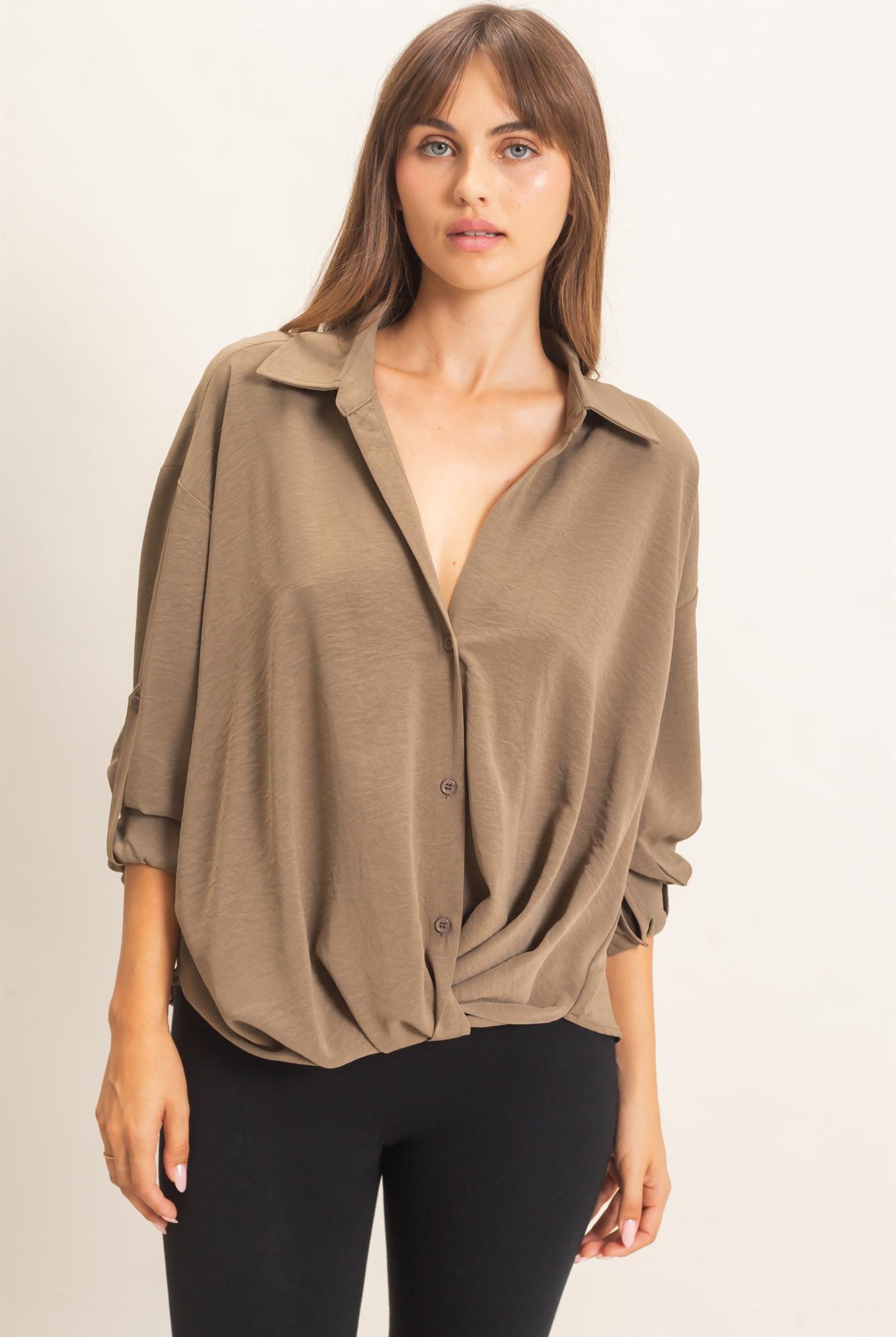 Wholesale Button-Up Dolman Sleeve Top Shirts HF26F070 OLIVE HYFVE
